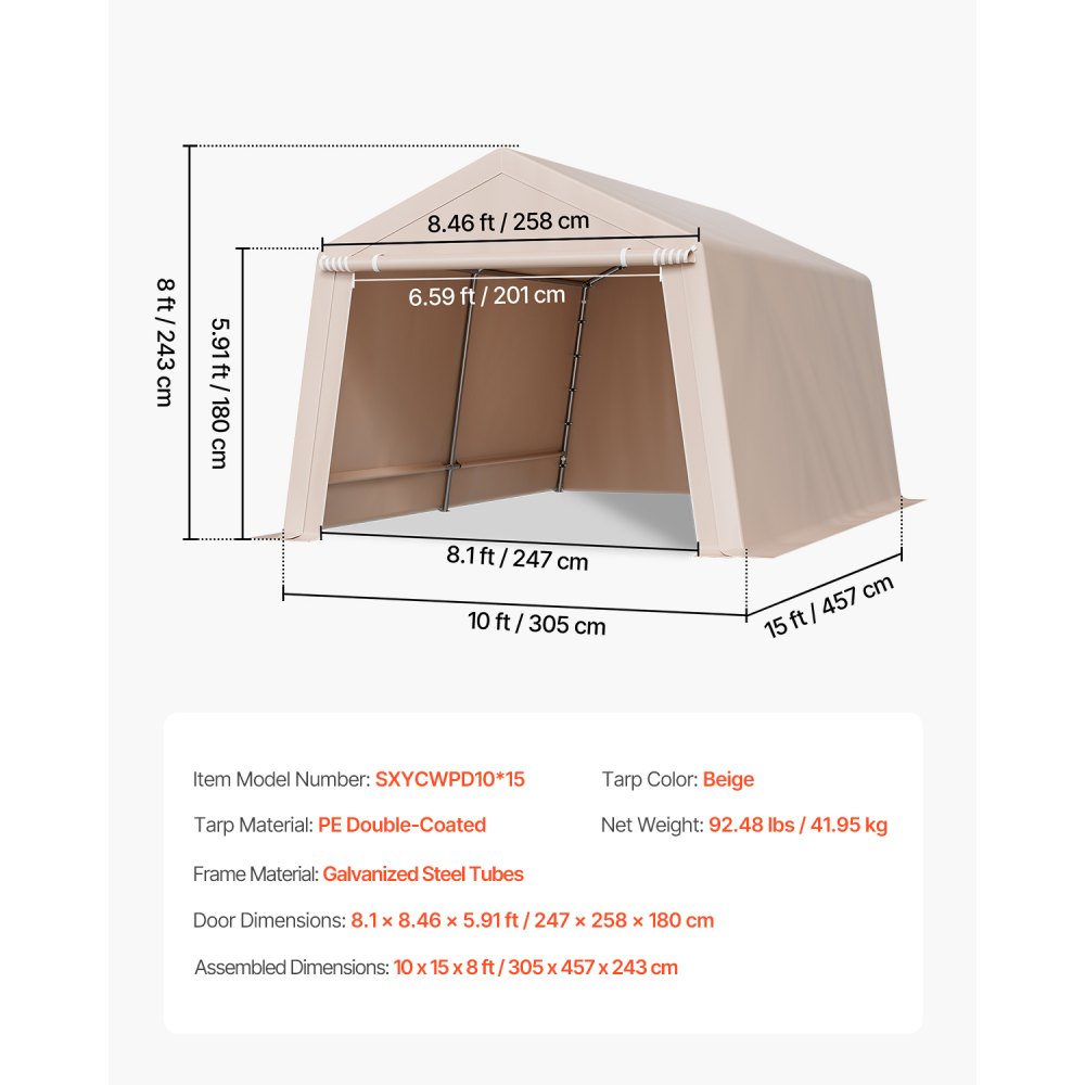VEVOR Outdoor Storage Shed, 10 x 15 ft Portable Storage Tent with Roll-up Door, Waterproof Canopy Shed Shelter, Heavy Duty Frame, Patio Garage Carport for Motorcycle, Lawn Mower, Bike, Beige
