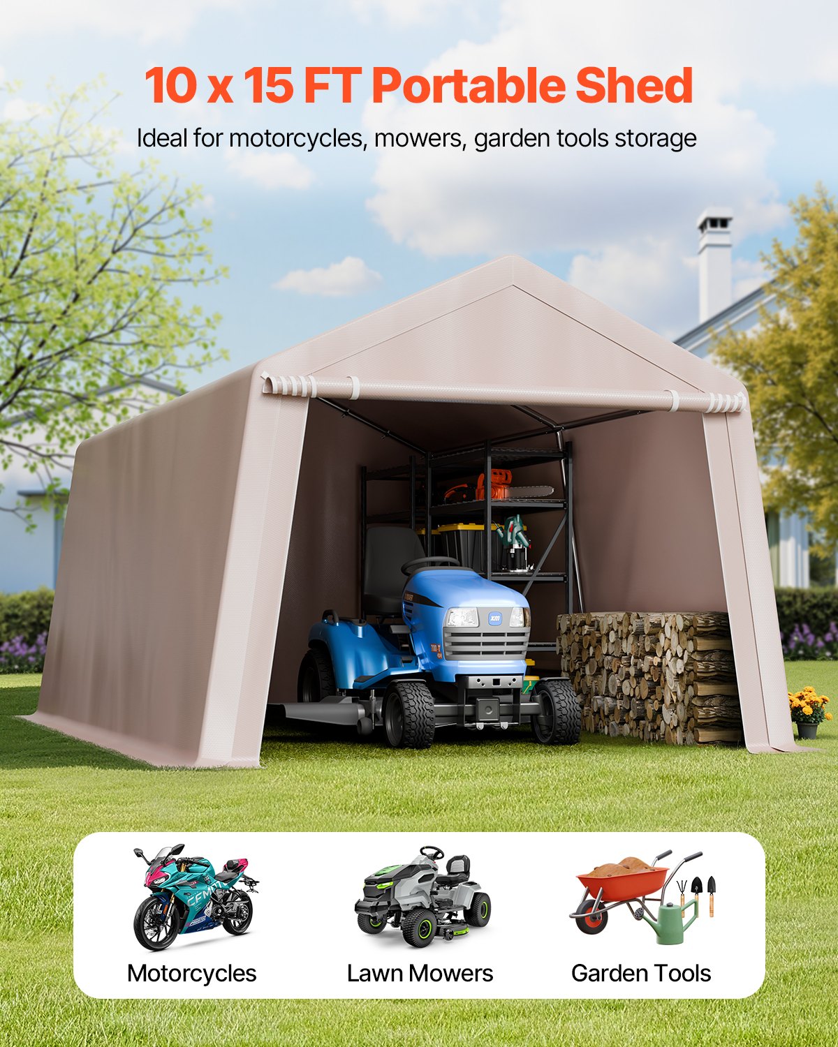 VEVOR Outdoor Storage Shed, 10 x 15 ft Portable Storage Tent with Roll-up Door, Waterproof Canopy Shed Shelter, Heavy Duty Frame, Patio Garage Carport for Motorcycle, Lawn Mower, Bike, Beige