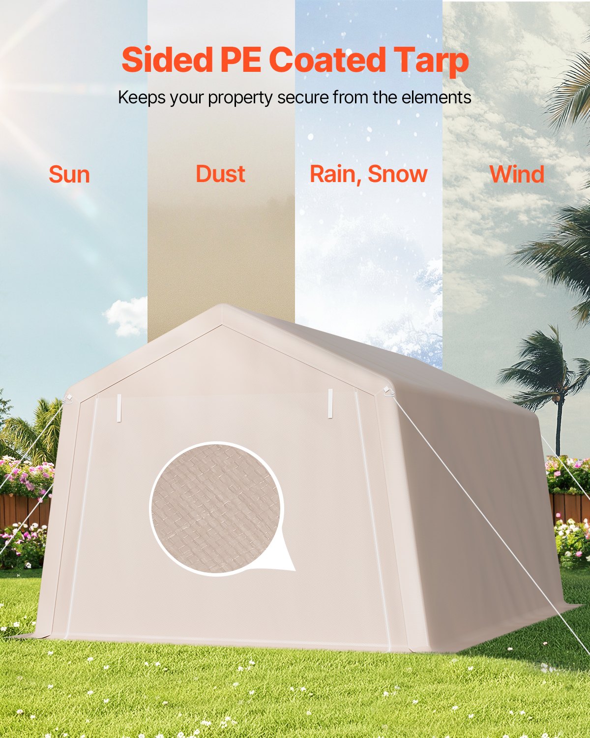 VEVOR Outdoor Storage Shed, 10 x 15 ft Portable Storage Tent with Roll-up Door, Waterproof Canopy Shed Shelter, Heavy Duty Frame, Patio Garage Carport for Motorcycle, Lawn Mower, Bike, Beige