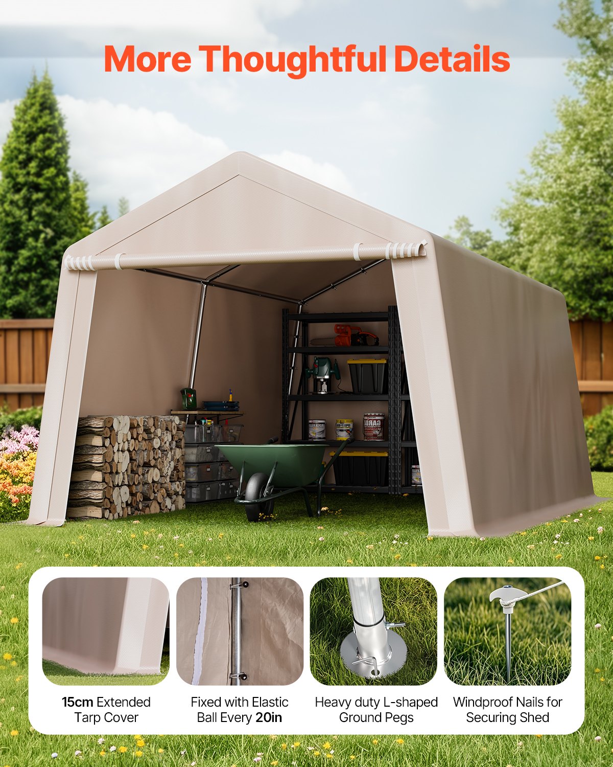 VEVOR Outdoor Storage Shed, 10 x 15 ft Portable Storage Tent with Roll-up Door, Waterproof Canopy Shed Shelter, Heavy Duty Frame, Patio Garage Carport for Motorcycle, Lawn Mower, Bike, Beige