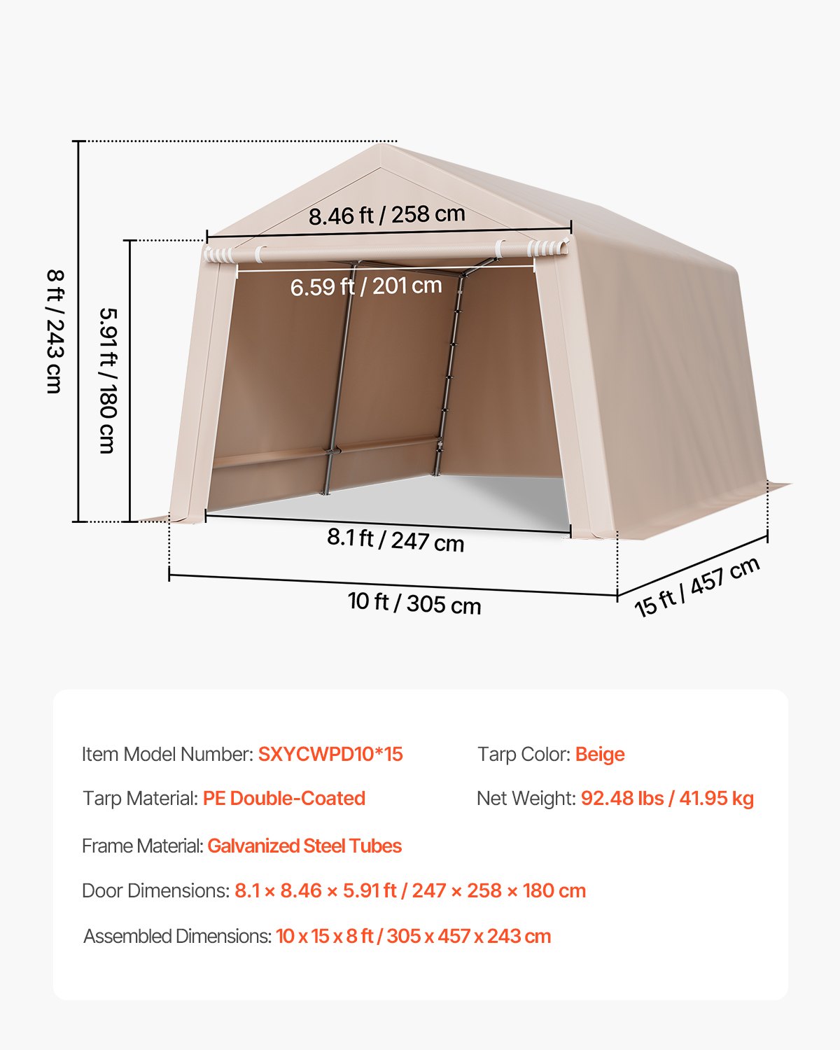 VEVOR Outdoor Storage Shed, 10 x 15 ft Portable Storage Tent with Roll-up Door, Waterproof Canopy Shed Shelter, Heavy Duty Frame, Patio Garage Carport for Motorcycle, Lawn Mower, Bike, Beige