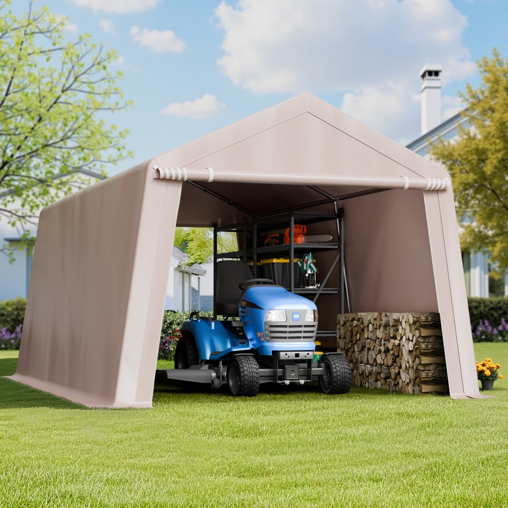 VEVOR Outdoor Storage Shed, 10 x 15 ft Portable Storage Tent with 2 Roll-up Doors & Vents, Waterproof Canopy Shed Shelter, Heavy Duty Frame, Patio Garage Carport for Motorcycle Lawn Mower, Beige