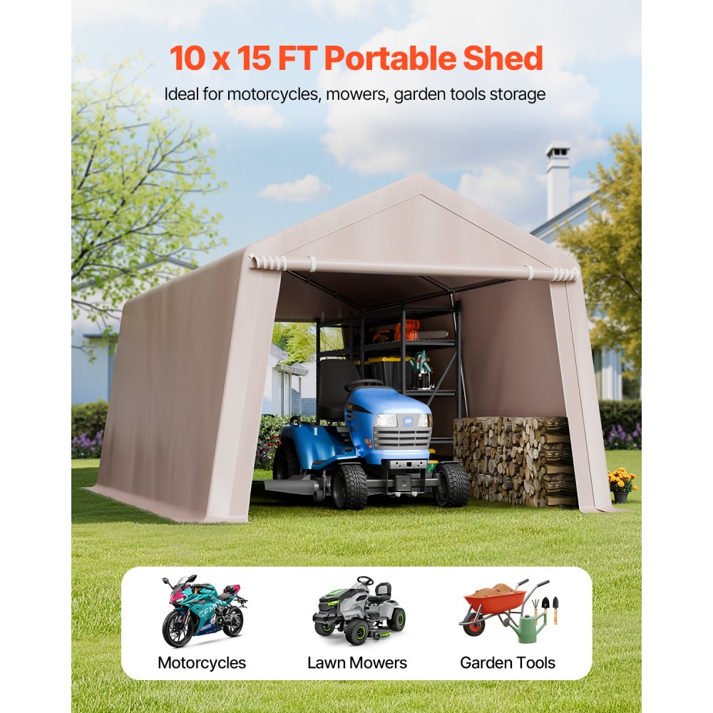 VEVOR Outdoor Storage Shed, 10 x 15 ft Portable Storage Tent with 2 Roll-up Doors & Vents, Waterproof Canopy Shed Shelter, Heavy Duty Frame, Patio Garage Carport for Motorcycle Lawn Mower, Beige