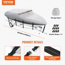 VEVOR Boat Cover, 4260-4800 mmTrailerable Waterproof Boat Cover, 600D Marine Grade PU Oxford, with Motor Cover and Buckle Straps, for V-Hull, Tri-Hull, Fish Ski Boat, Runabout, Bass Boat, Grey
