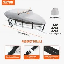 VEVOR Boat Cover, 16'-18.5' Trailerable Waterproof Boat Cover, 600D Marine Grade PU Oxford, with Motor Cover and Buckle Straps, for V-Hull, Tri-Hull, Fish Ski Boat, Runabout, Bass Boat, Grey
