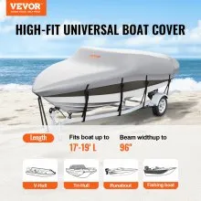 VEVOR Boat Cover, 5180-5790 mm Trailerable Waterproof Boat Cover, 600D Marine Grade PU Oxford, with Motor Cover and Buckle Straps, for V-Hull, Tri-Hull, Fish Ski Boat, Runabout, Bass Boat, Grey