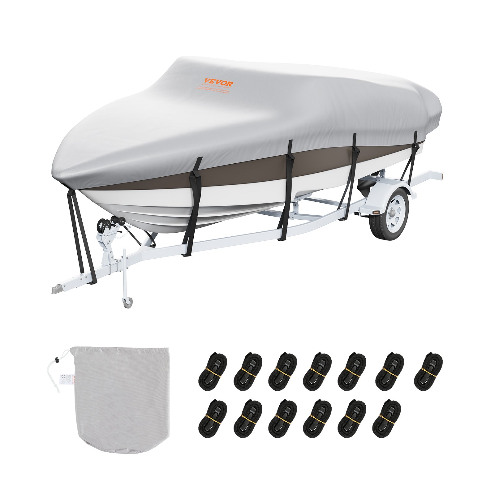 VEVOR Boat Cover, 5180-5790 mm Trailerable Waterproof Boat Cover, 600D Marine Grade PU Oxford, with Motor Cover and Buckle Straps, for V-Hull, Tri-Hull, Fish Ski Boat, Runabout, Bass Boat, Grey