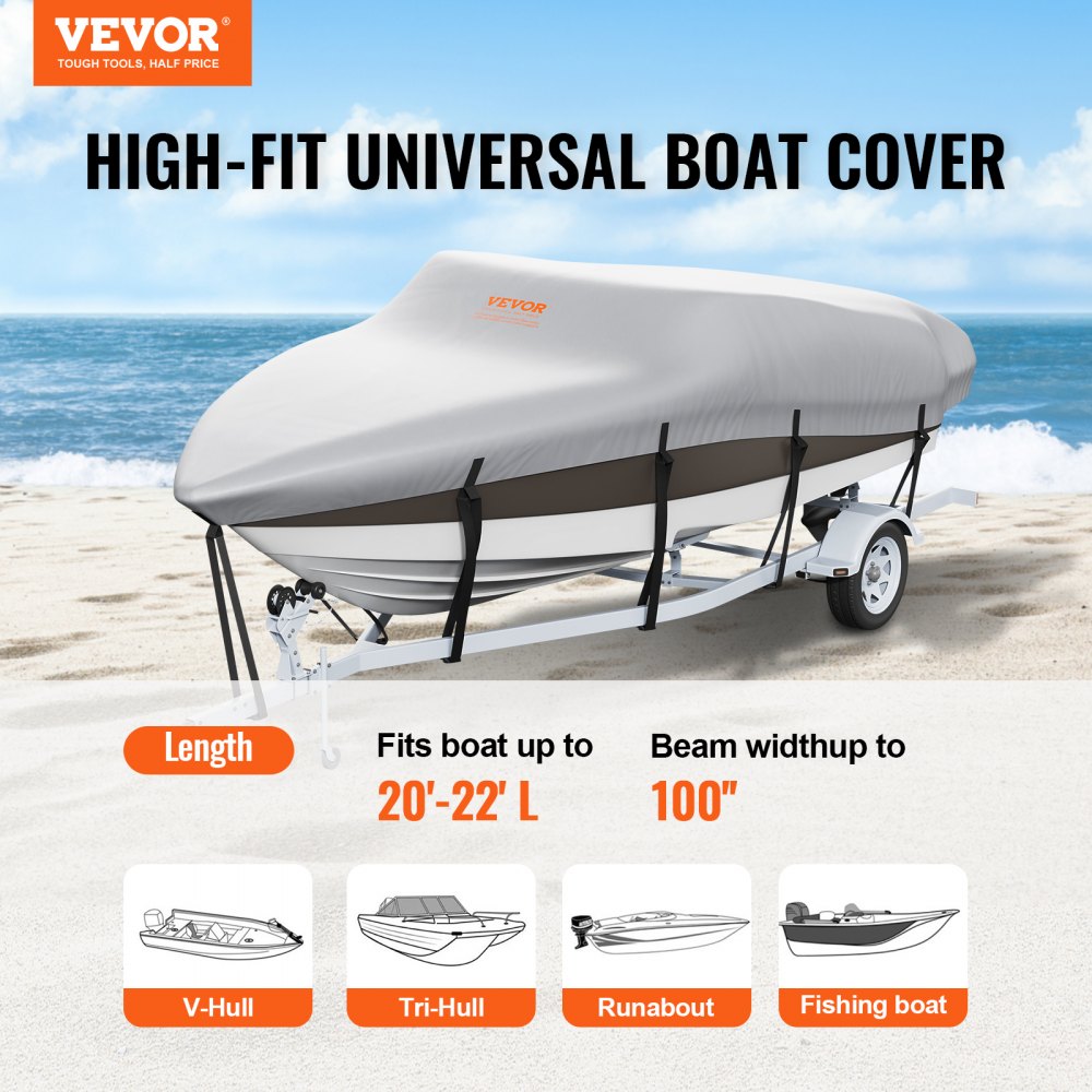 VEVOR Boat Cover, 20'-22' Trailerable Waterproof Boat Cover, 600D Marine  Grade PU Oxford, with Motor Cover and Buckle Straps, for V-Hull, Tri-Hull,  Fish Ski Boat, Runabout, Bass Boat, Grey