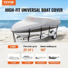 VEVOR Boat Cover, 7010-7310 mm Trailerable Waterproof Boat Cover, 600D Marine Grade PU Oxford, with Motor Cover and Buckle Straps, for V-Hull, Tri-Hull, Fish Ski Boat, Runabout, Bass Boat, Grey