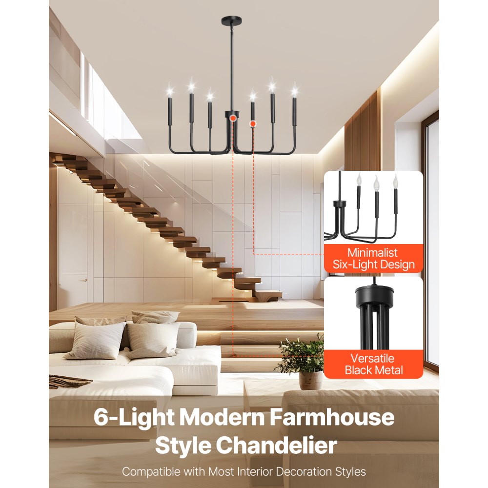 VEVOR 6-Light Chandelier, Black Farmhouse Chandelier, Adjustable Height, Dining Room Hanging Light Fixture for Ceilings, Modern Chandelier for Bedroom, Foyer, Hall, Kitchen, Living Room and Entryway