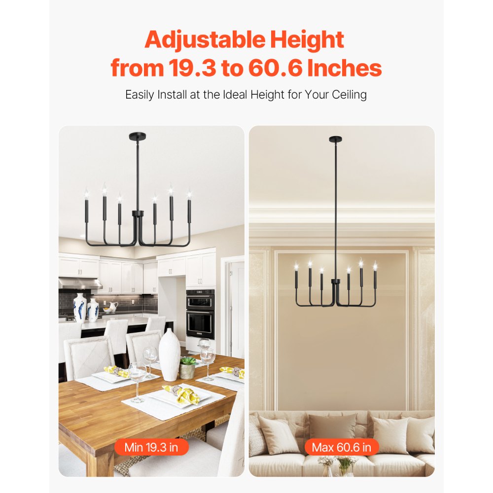 VEVOR 6-Light Chandelier, Black Farmhouse Chandelier, Adjustable Height, Dining Room Hanging Light Fixture for Ceilings, Modern Chandelier for Bedroom, Foyer, Hall, Kitchen, Living Room and Entryway