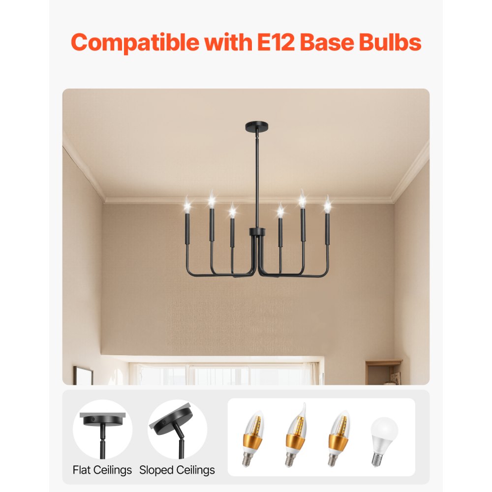 VEVOR 6-Light Chandelier, Black Farmhouse Chandelier, Adjustable Height, Dining Room Hanging Light Fixture for Ceilings, Modern Chandelier for Bedroom, Foyer, Hall, Kitchen, Living Room and Entryway