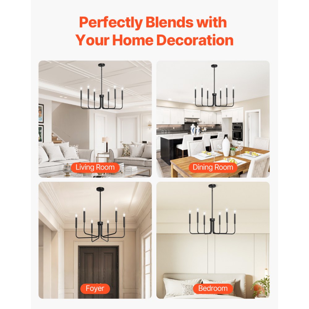 VEVOR 6-Light Chandelier, Black Farmhouse Chandelier, Adjustable Height, Dining Room Hanging Light Fixture for Ceilings, Modern Chandelier for Bedroom, Foyer, Hall, Kitchen, Living Room and Entryway