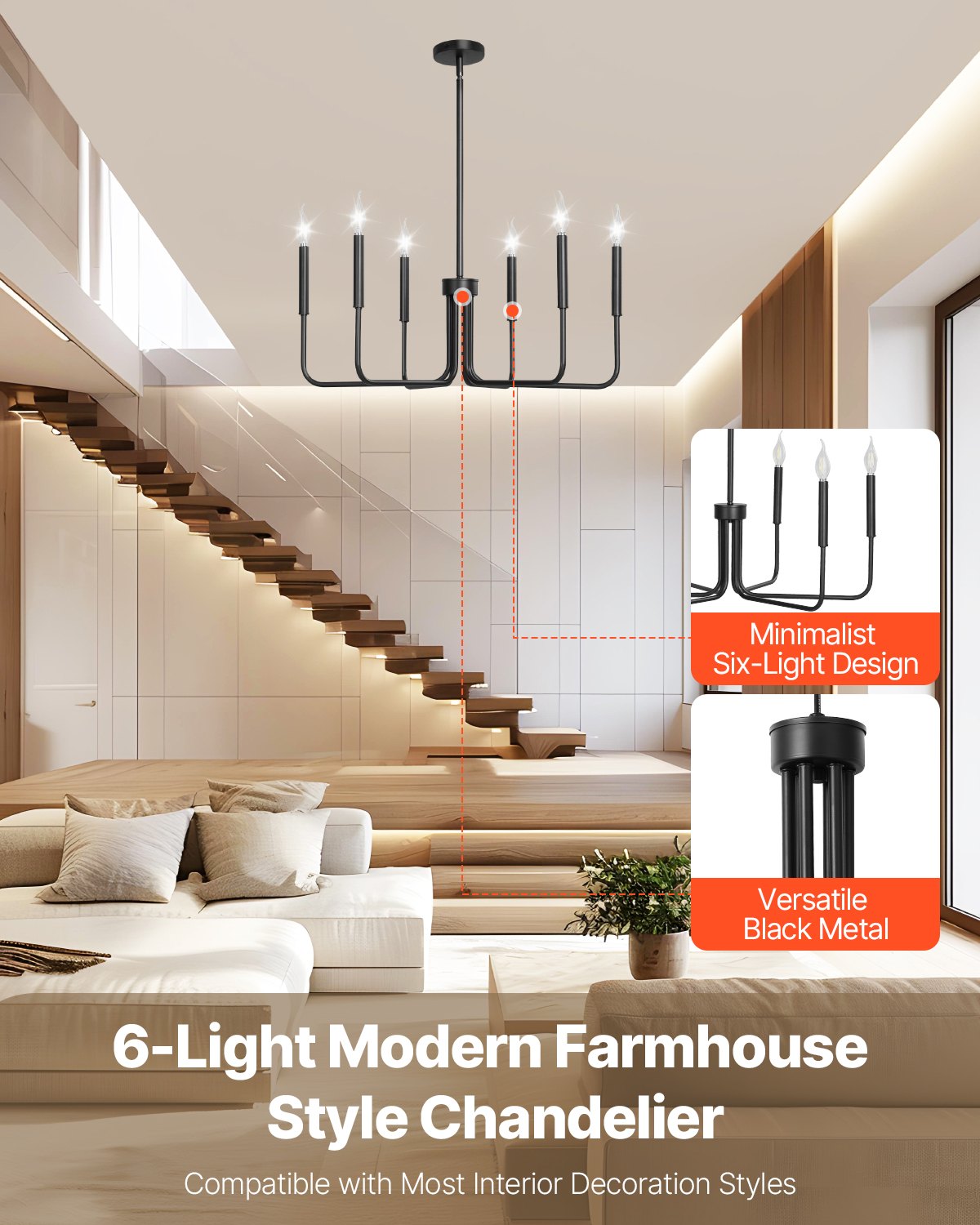 VEVOR 6-Light Chandelier, Black Farmhouse Chandelier, Adjustable Height, Dining Room Hanging Light Fixture for Ceilings, Modern Chandelier for Bedroom, Foyer, Hall, Kitchen, Living Room and Entryway