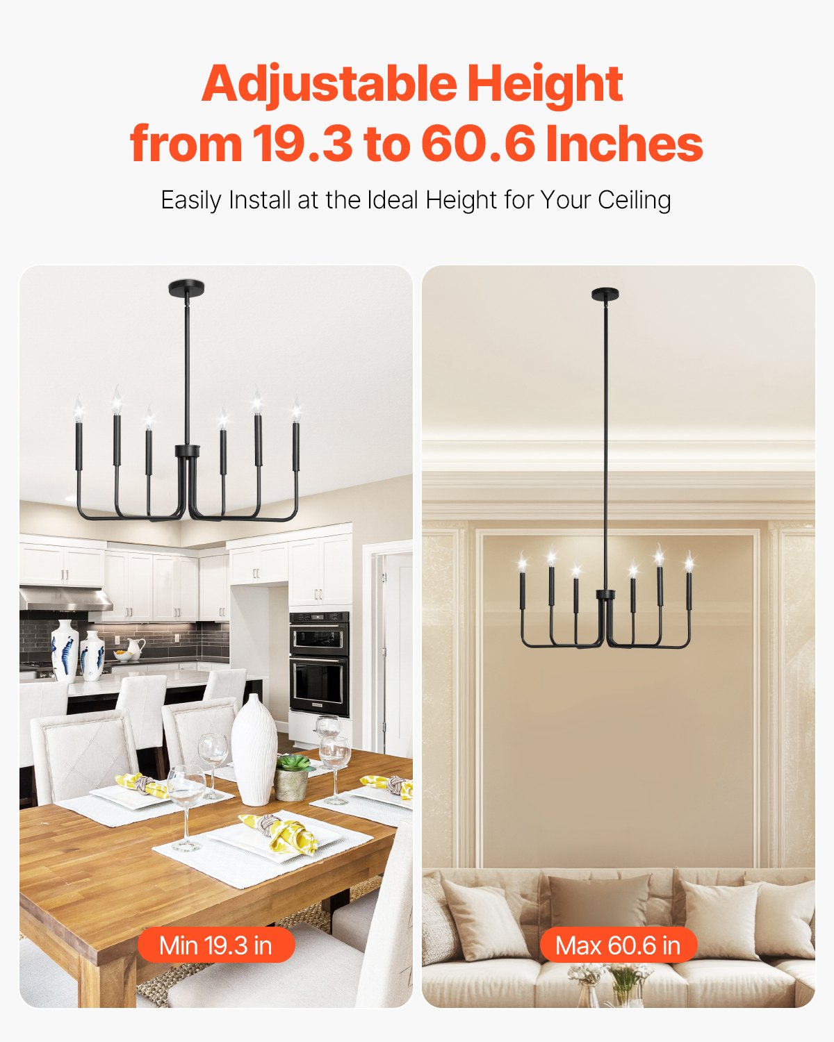 VEVOR 6-Light Chandelier, Black Farmhouse Chandelier, Adjustable Height, Dining Room Hanging Light Fixture for Ceilings, Modern Chandelier for Bedroom, Foyer, Hall, Kitchen, Living Room and Entryway