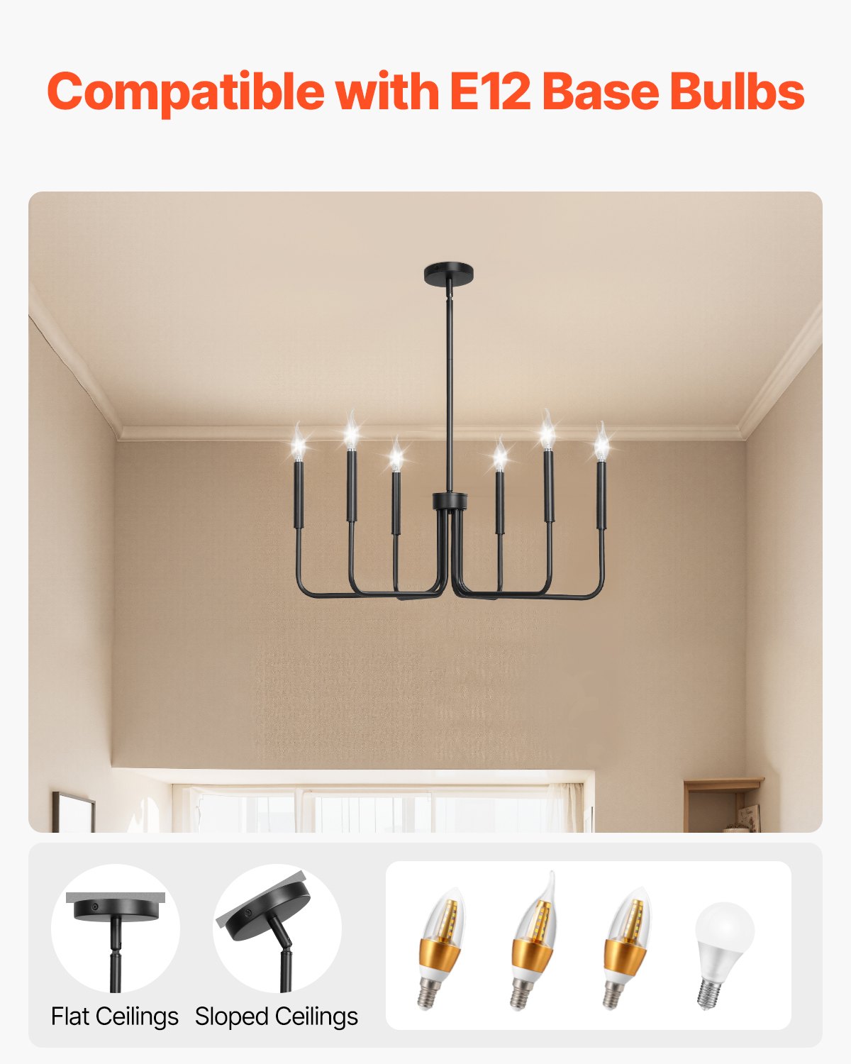 VEVOR 6-Light Chandelier, Black Farmhouse Chandelier, Adjustable Height, Dining Room Hanging Light Fixture for Ceilings, Modern Chandelier for Bedroom, Foyer, Hall, Kitchen, Living Room and Entryway