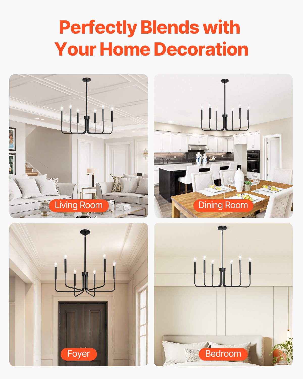 VEVOR 6-Light Chandelier, Black Farmhouse Chandelier, Adjustable Height, Dining Room Hanging Light Fixture for Ceilings, Modern Chandelier for Bedroom, Foyer, Hall, Kitchen, Living Room and Entryway