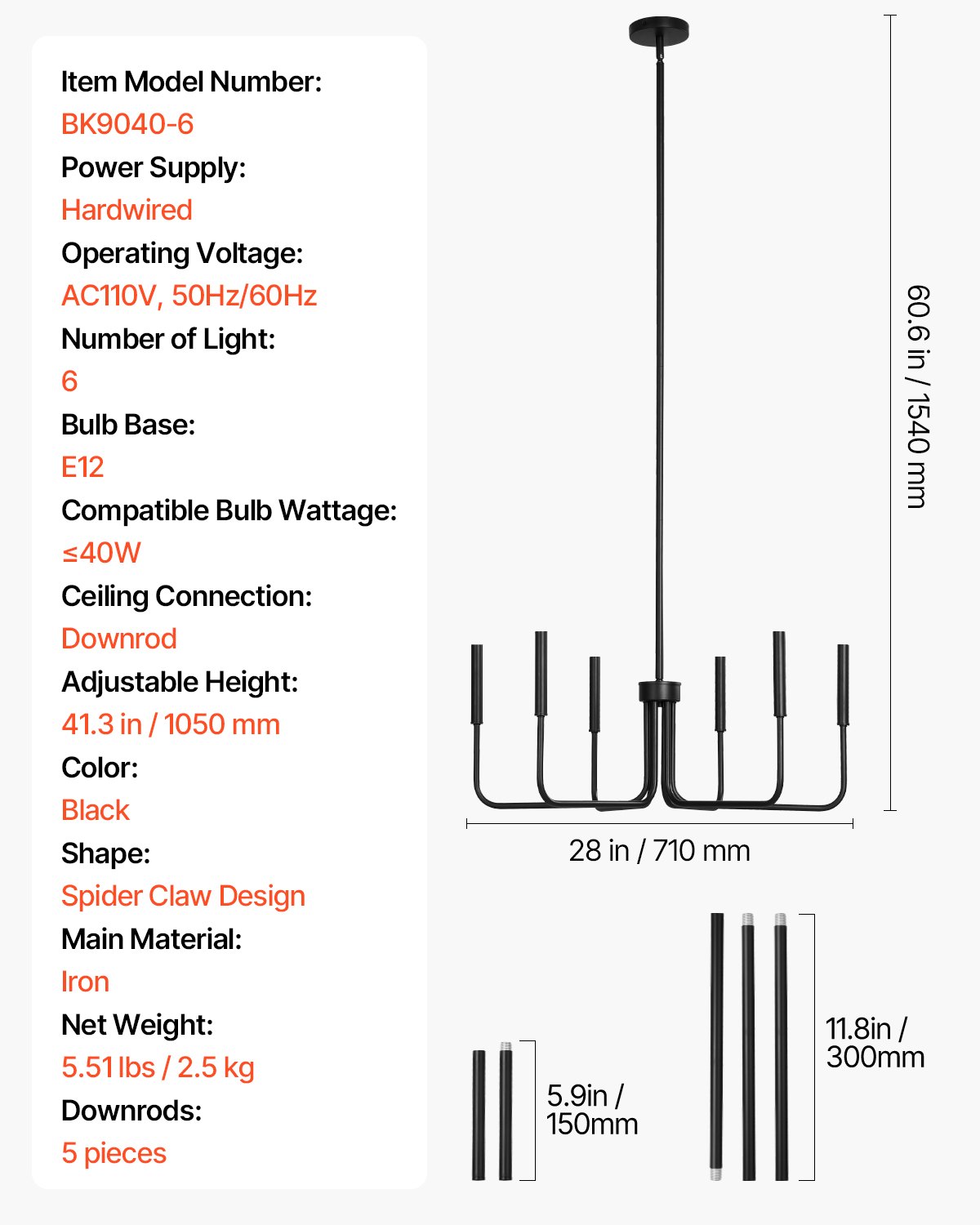 VEVOR 6-Light Chandelier, Black Farmhouse Chandelier, Adjustable Height, Dining Room Hanging Light Fixture for Ceilings, Modern Chandelier for Bedroom, Foyer, Hall, Kitchen, Living Room and Entryway