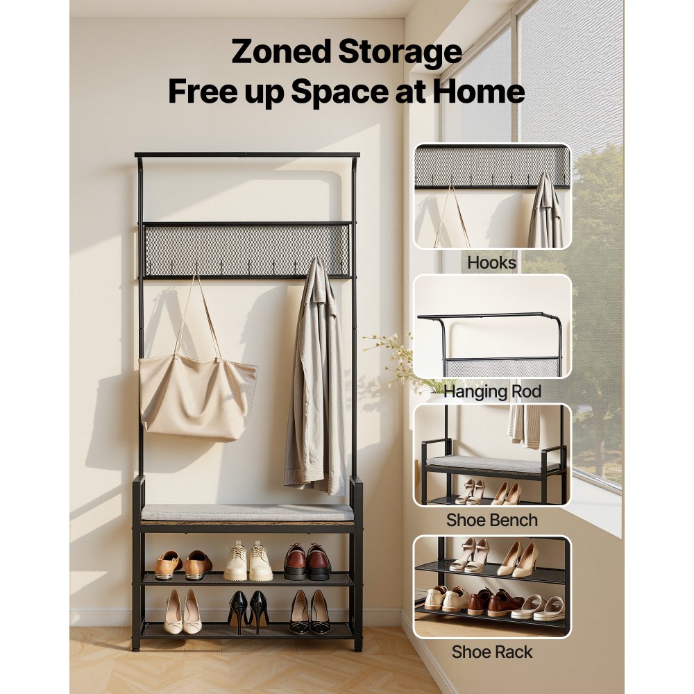 VEVOR Hall Tree, 72 in Coat Rack with Shoe Bench, Freestanding 2-Tier Shoe Rack Storage Organizer with Hooks, Hanging Rod and Wire Shelf, Steel Frame Entrance Coat Holder for Entry, Bedroom, Closet