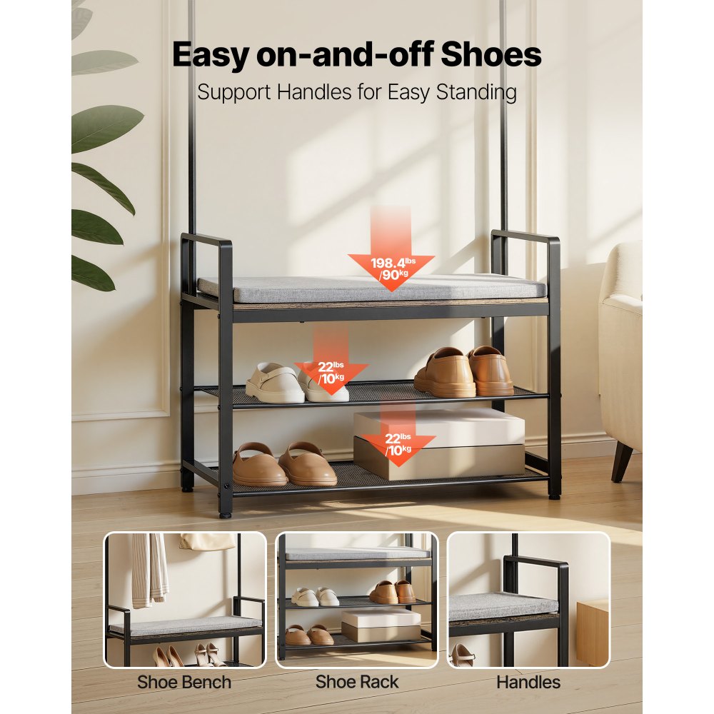 VEVOR Hall Tree, 72 in Coat Rack with Shoe Bench, Freestanding 2-Tier Shoe Rack Storage Organizer with Hooks, Hanging Rod and Wire Shelf, Steel Frame Entrance Coat Holder for Entry, Bedroom, Closet