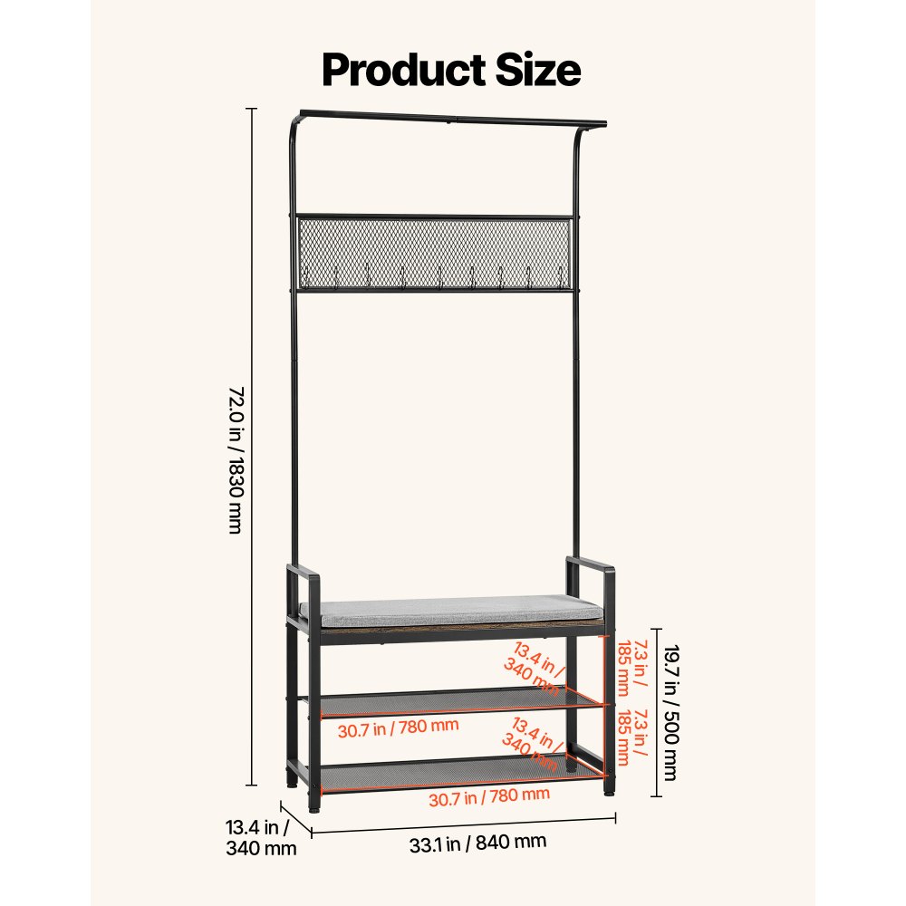 VEVOR Hall Tree, 72 in Coat Rack with Shoe Bench, Freestanding 2-Tier Shoe Rack Storage Organizer with Hooks, Hanging Rod and Wire Shelf, Steel Frame Entrance Coat Holder for Entry, Bedroom, Closet