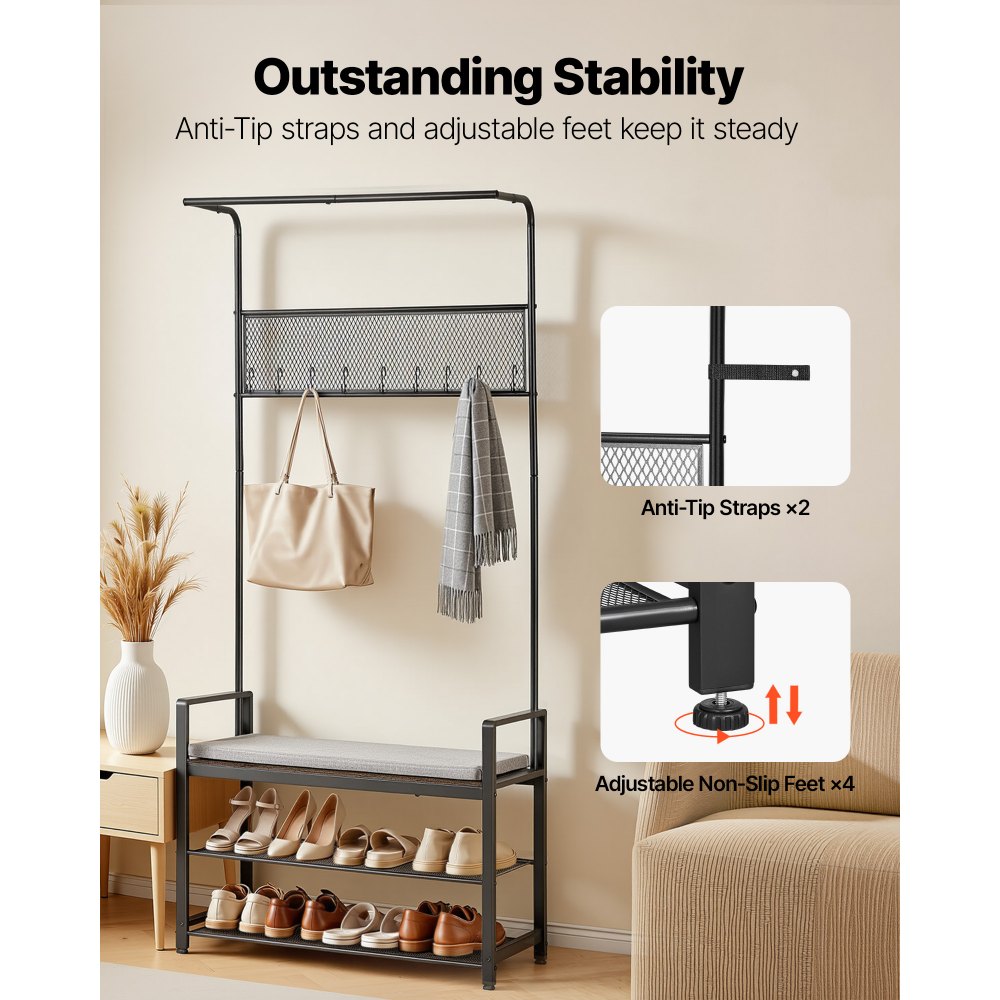 VEVOR Hall Tree, 72 in Coat Rack with Shoe Bench, Freestanding 2-Tier Shoe Rack Storage Organizer with Hooks, Hanging Rod and Wire Shelf, Steel Frame Entrance Coat Holder for Entry, Bedroom, Closet