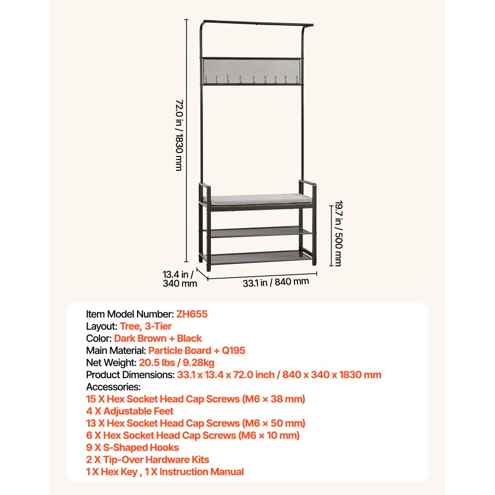 VEVOR Hall Tree, 72 in Coat Rack with Shoe Bench, Freestanding 2-Tier Shoe Rack Storage Organizer with Hooks, Hanging Rod and Wire Shelf, Steel Frame Entrance Coat Holder for Entry, Bedroom, Closet