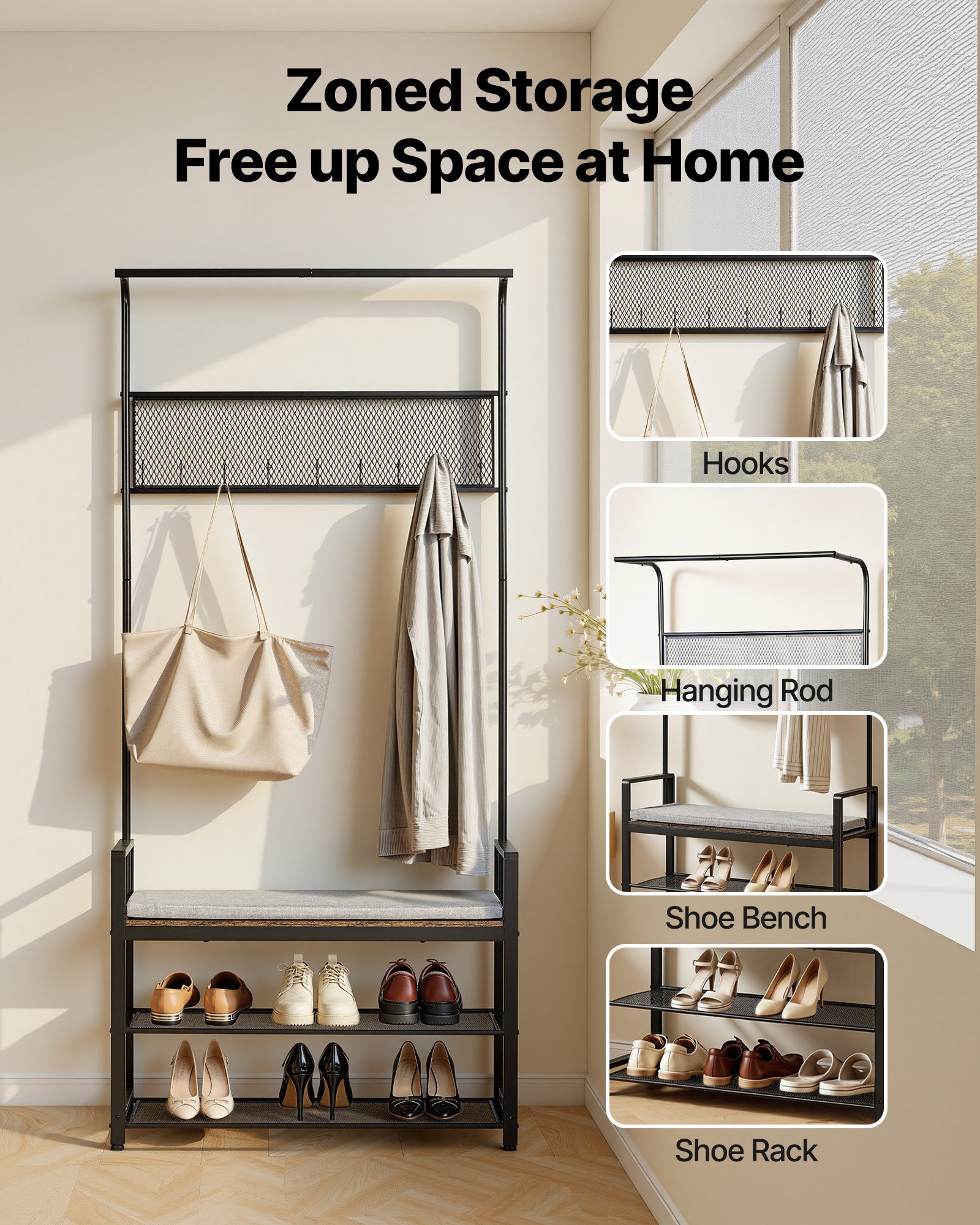 VEVOR Hall Tree, 72 in Coat Rack with Shoe Bench, Freestanding 2-Tier Shoe Rack Storage Organizer with Hooks, Hanging Rod and Wire Shelf, Steel Frame Entrance Coat Holder for Entry, Bedroom, Closet