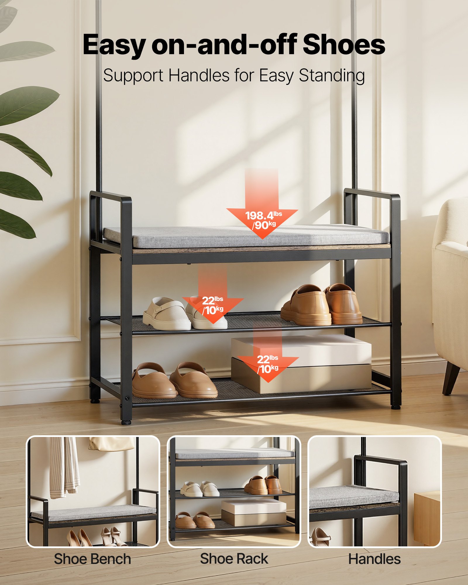 VEVOR Hall Tree, 72 in Coat Rack with Shoe Bench, Freestanding 2-Tier Shoe Rack Storage Organizer with Hooks, Hanging Rod and Wire Shelf, Steel Frame Entrance Coat Holder for Entry, Bedroom, Closet