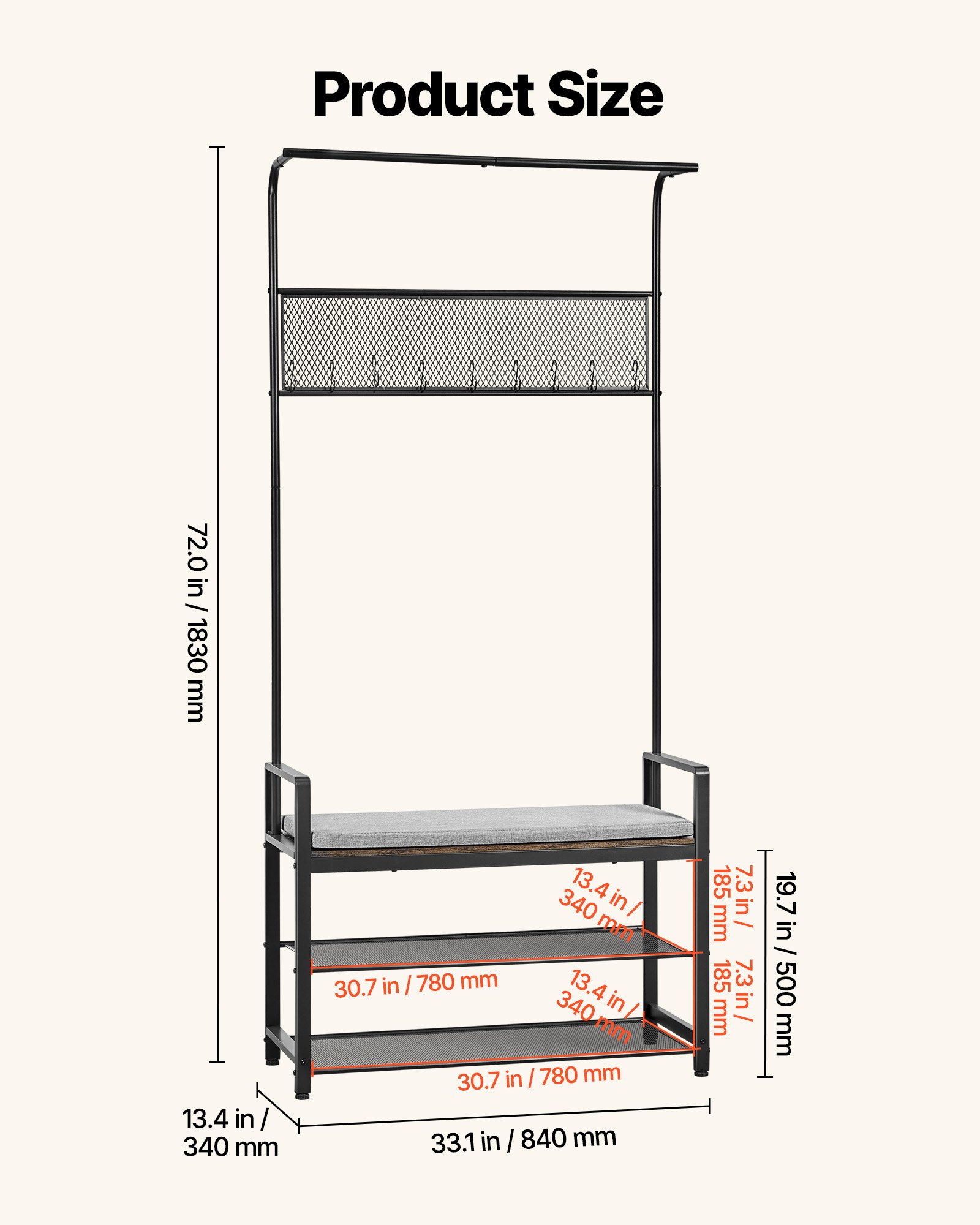 VEVOR Hall Tree, 72 in Coat Rack with Shoe Bench, Freestanding 2-Tier Shoe Rack Storage Organizer with Hooks, Hanging Rod and Wire Shelf, Steel Frame Entrance Coat Holder for Entry, Bedroom, Closet