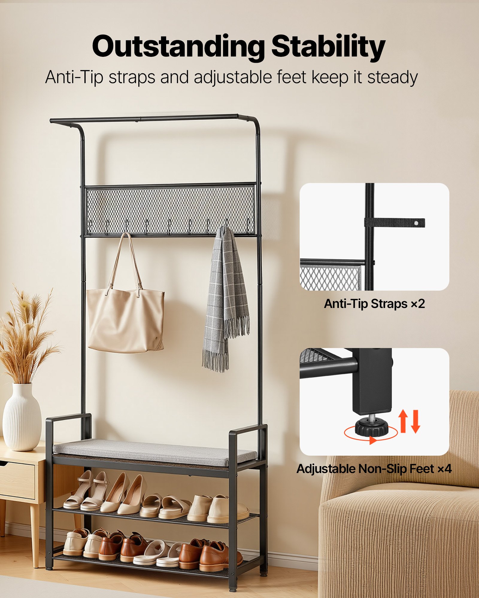 VEVOR Hall Tree, 72 in Coat Rack with Shoe Bench, Freestanding 2-Tier Shoe Rack Storage Organizer with Hooks, Hanging Rod and Wire Shelf, Steel Frame Entrance Coat Holder for Entry, Bedroom, Closet