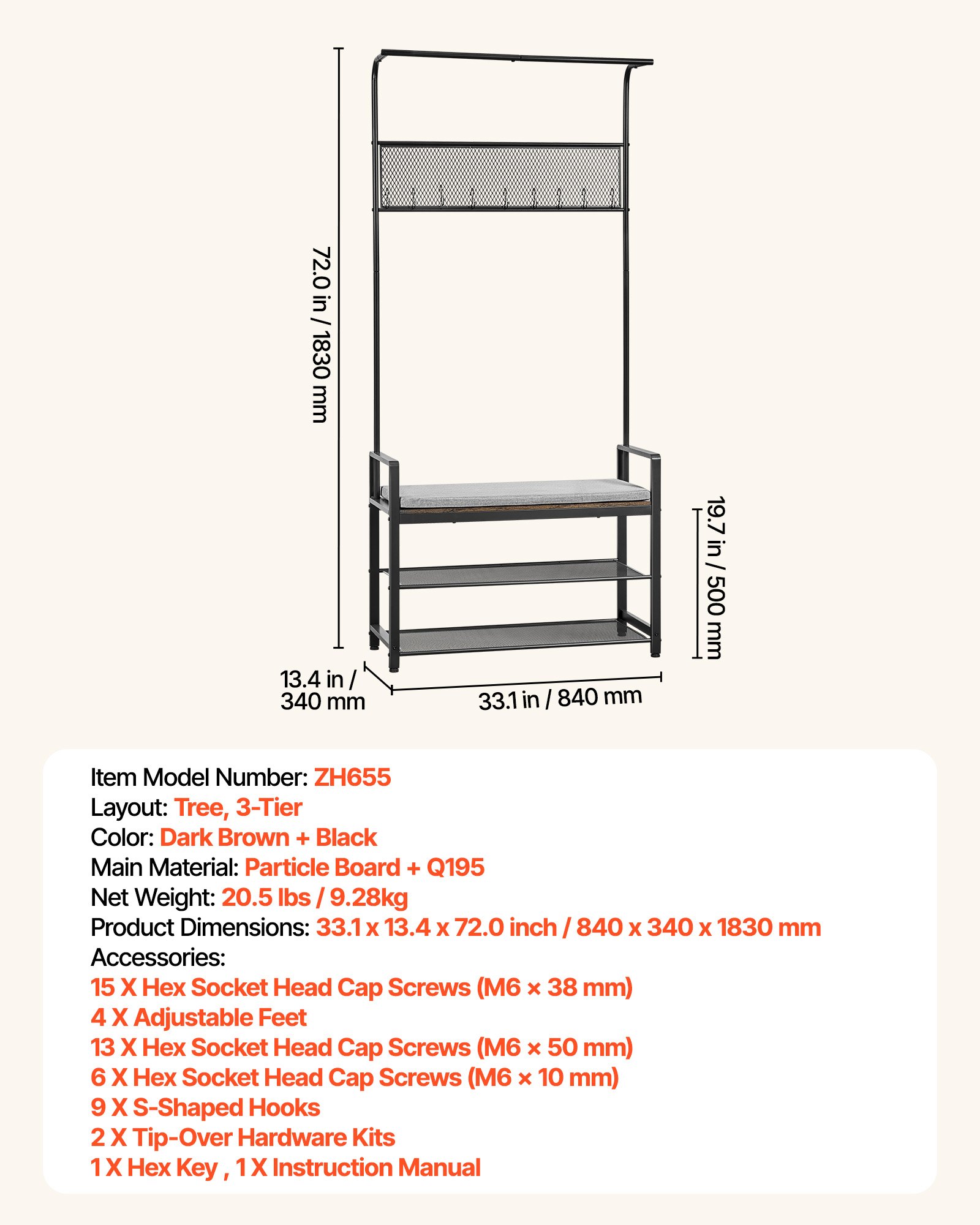 VEVOR Hall Tree, 72 in Coat Rack with Shoe Bench, Freestanding 2-Tier Shoe Rack Storage Organizer with Hooks, Hanging Rod and Wire Shelf, Steel Frame Entrance Coat Holder for Entry, Bedroom, Closet