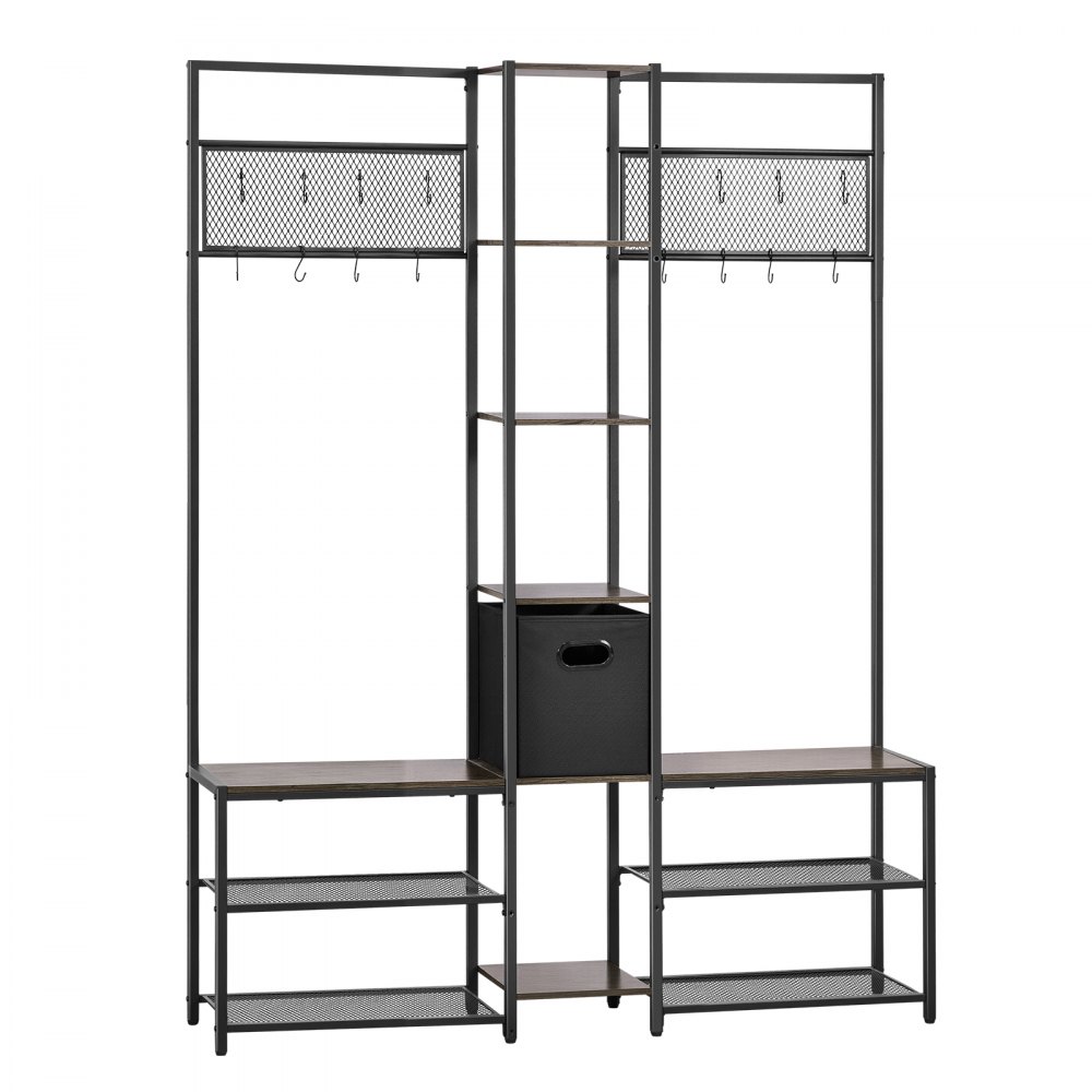 VEVOR Corner Hall Tree with Shoe Bench, 1800 mm Coat Rack with Hooks and Steel Frame, Freestanding Clothes Shoes Rack Storage Organizer with Anti-Tip Set, for Entrance, Closet, Office, Rustic Brown