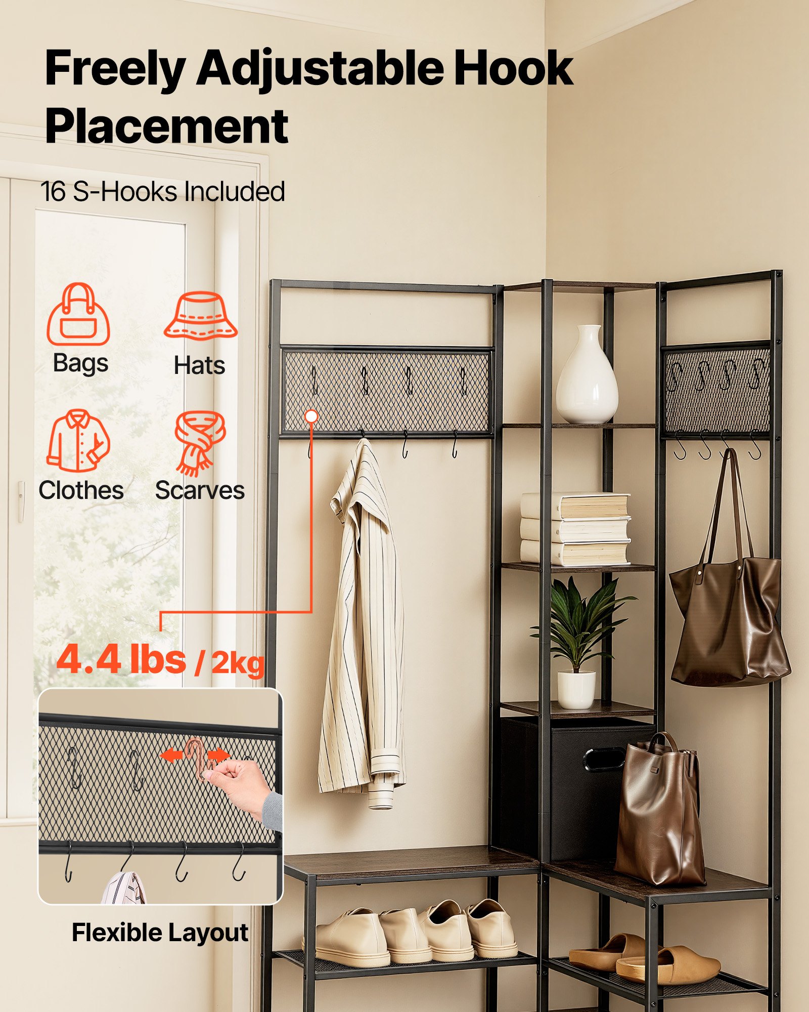 VEVOR Corner Hall Tree with Shoe Bench, 1800 mm Coat Rack with Hooks and Steel Frame, Freestanding Clothes Shoes Rack Storage Organizer with Anti-Tip Set, for Entrance, Closet, Office, Rustic Brown