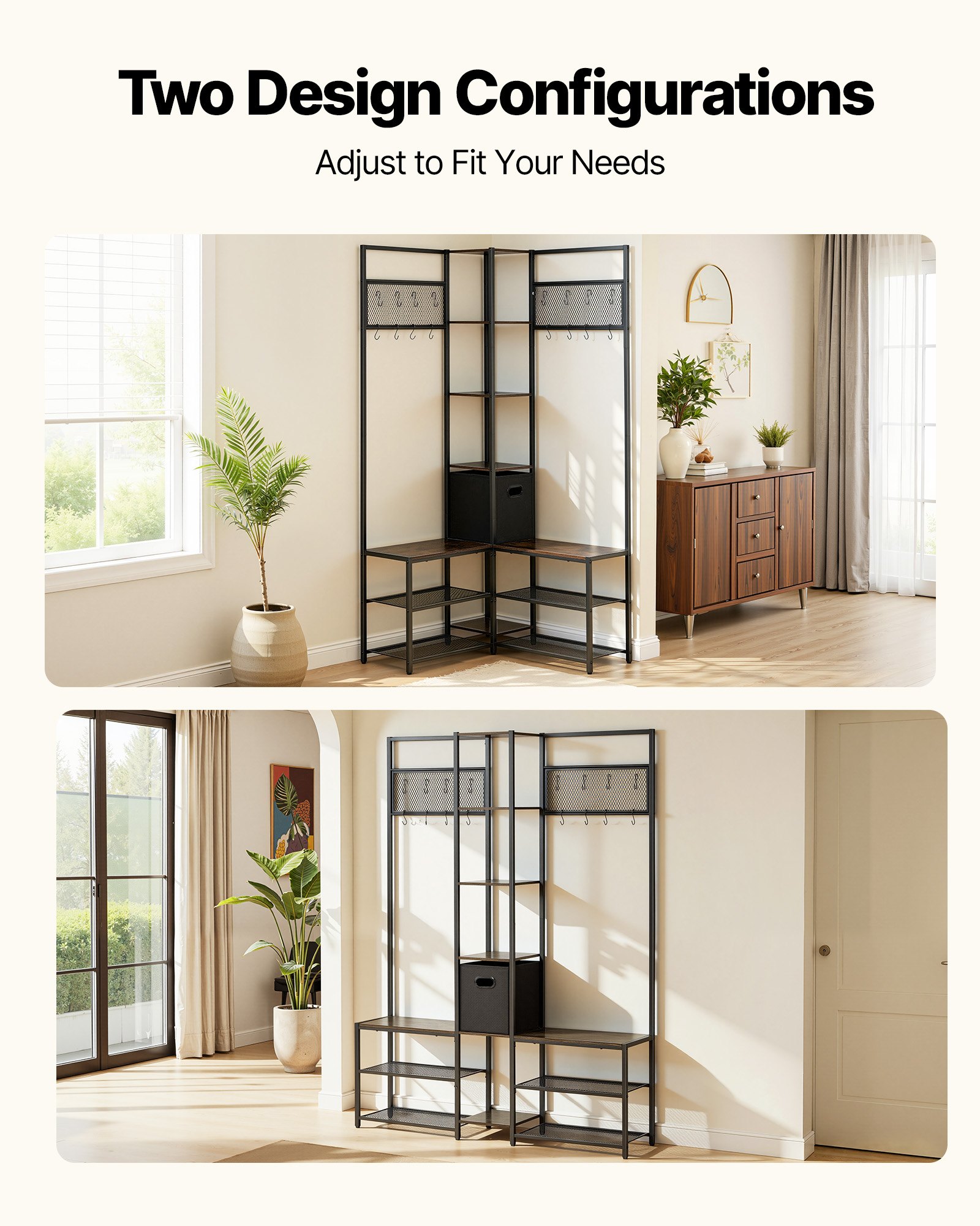VEVOR Corner Hall Tree with Shoe Bench, 1800 mm Coat Rack with Hooks and Steel Frame, Freestanding Clothes Shoes Rack Storage Organizer with Anti-Tip Set, for Entrance, Closet, Office, Rustic Brown