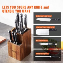 Βάση μαχαιριού VEVOR Universal, Μπλοκ μαχαιριών ξύλου ακακίας χωρίς μαχαίρια, βάση αποθήκευσης μαχαιριών δύο επιπέδων με βούρτσα PP, πολύ μεγάλη πολυλειτουργική ξύλινη διάταξη οργάνωσης μαχαιριών, σχάρα μαχαιριών για πάγκο κουζίνας