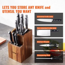 VEVOR Universal Knife Holder, Acacia Wood Knife Block Without Knives, Two-Tier Knife Storage Stand with PP Brush, Extra Large Multifunctional Wooden Knife Organizer, Knife Rack for Kitchen Counter