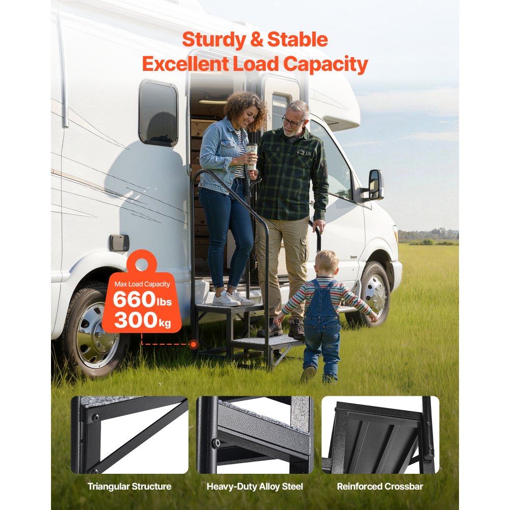VEVOR RV Steps with Dual Handrails, 2 Steps, 300 kg Load Capacity, Heavy Duty Outdoor RV Stairs with Non-Slip Mat for Elderly/Pets, Portable Stairs for Hot Tub, Camper, Mobile Home, Porch, Pool, SPA