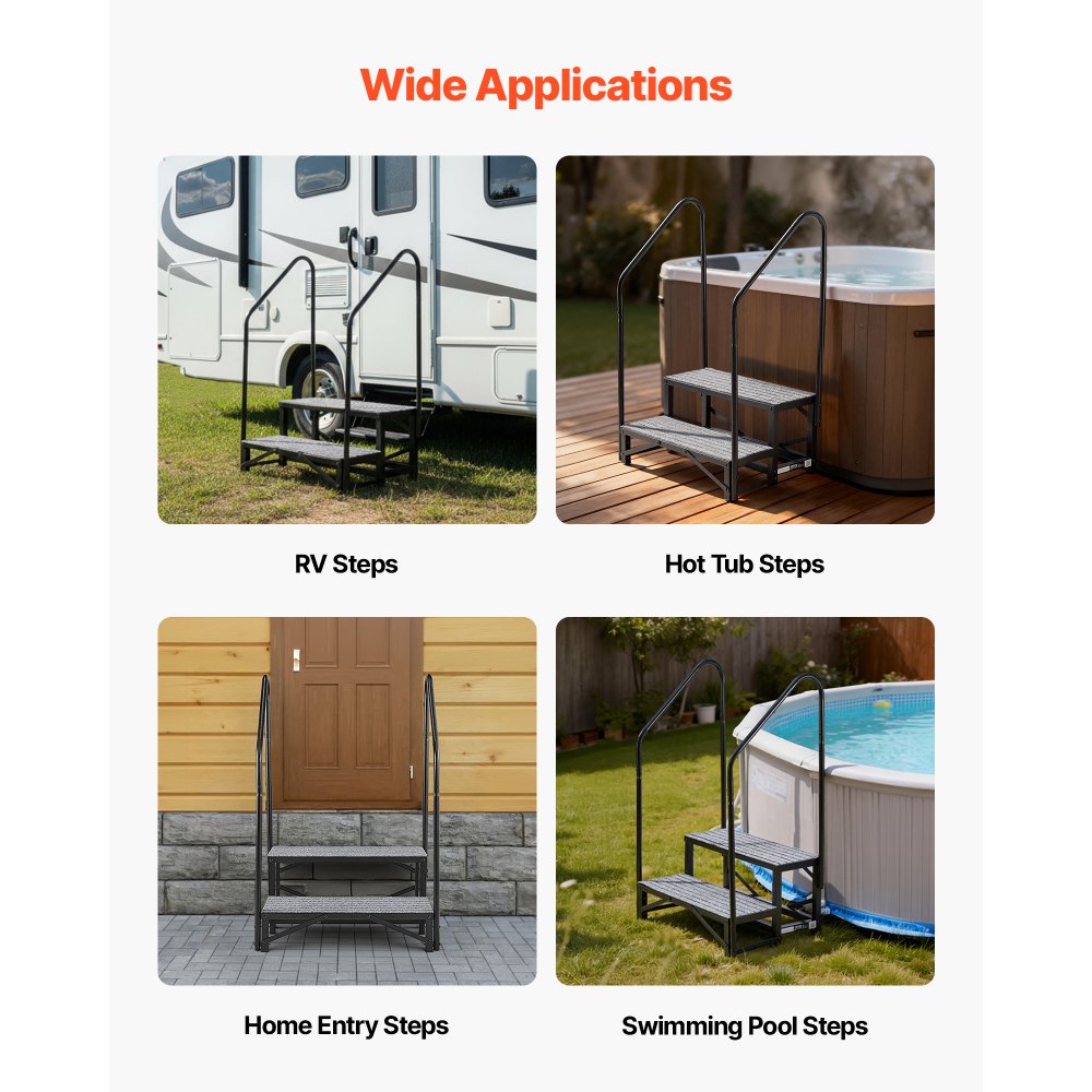 VEVOR RV Steps with Dual Handrails, 2 Steps, 300 kg Load Capacity, Heavy Duty Outdoor RV Stairs with Non-Slip Mat for Elderly/Pets, Portable Stairs for Hot Tub, Camper, Mobile Home, Porch, Pool, SPA