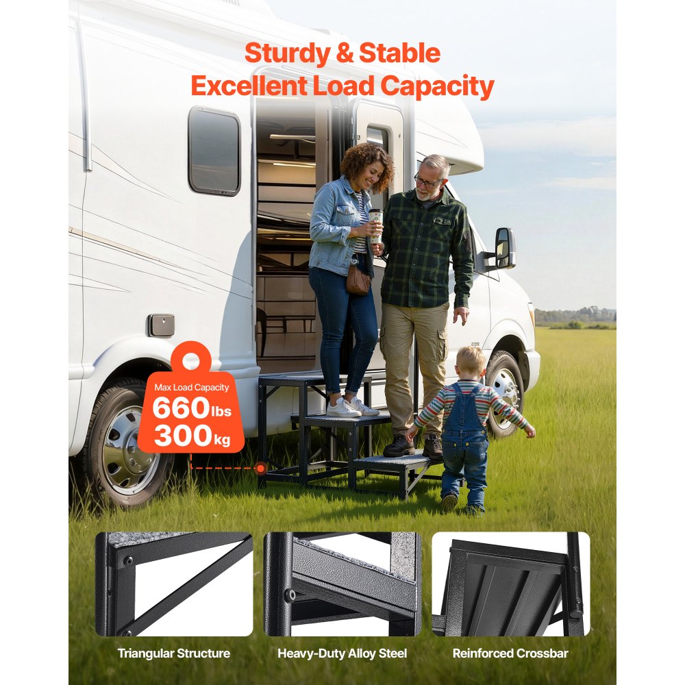 VEVOR RV Steps with Handrail, 3 Steps, 300 kg Load Capacity, Heavy Duty Outdoor RV Stairs with Non-Slip Mat for Elderly and Pets, Portable Stairs for Hot Tub, Camper, Mobile Home, Porch, Pool, SPA
