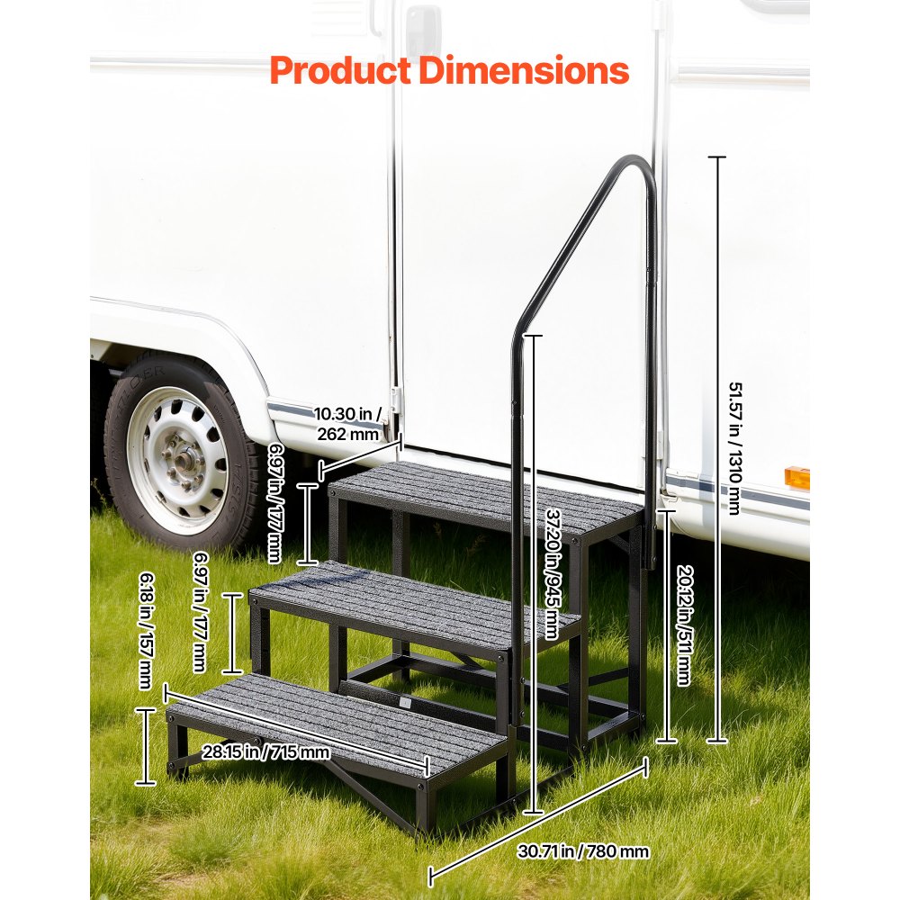 VEVOR RV Steps with Handrail, 3 Steps, 300 kg Load Capacity, Heavy Duty Outdoor RV Stairs with Non-Slip Mat for Elderly and Pets, Portable Stairs for Hot Tub, Camper, Mobile Home, Porch, Pool, SPA