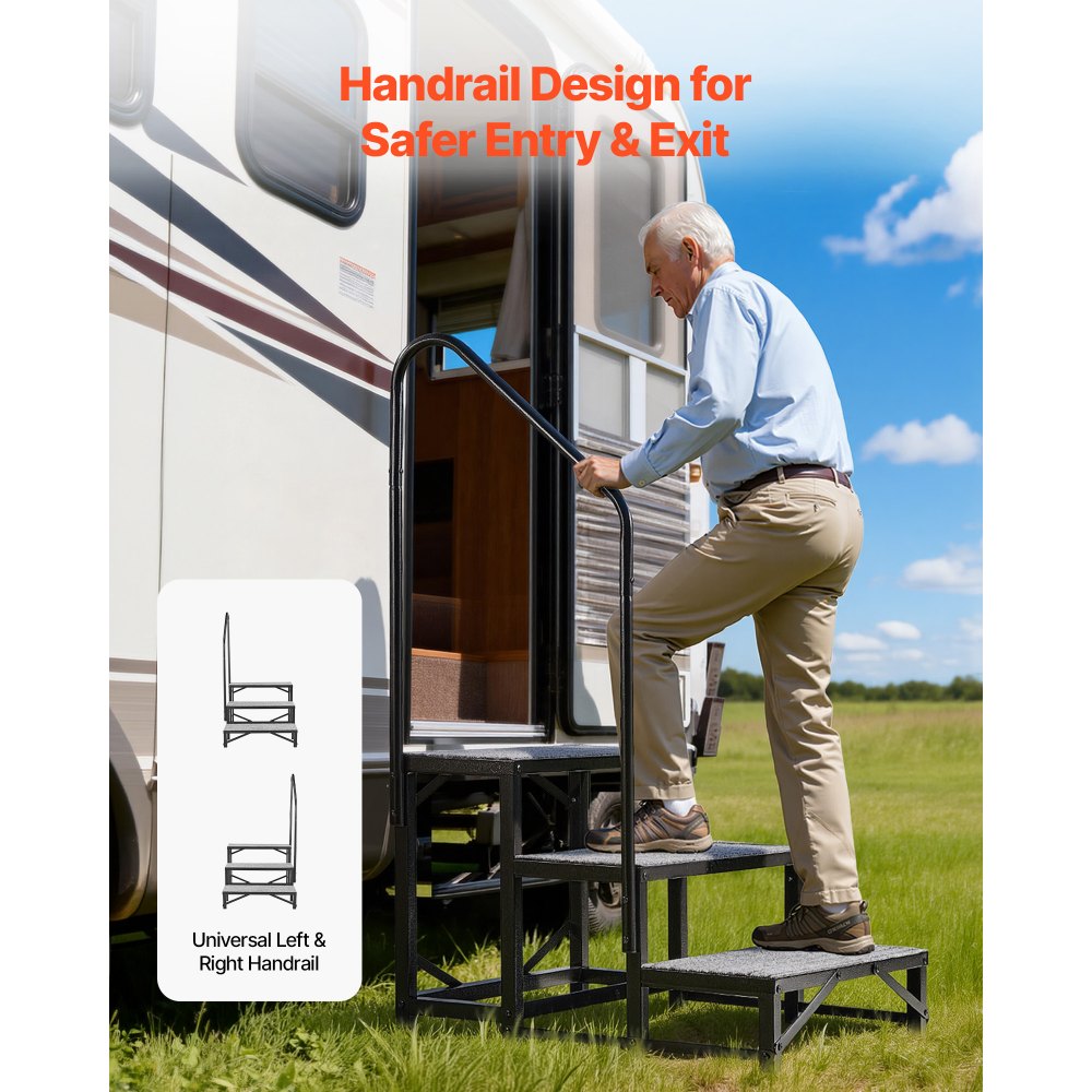 VEVOR RV Steps with Handrail, 3 Steps, 300 kg Load Capacity, Heavy Duty Outdoor RV Stairs with Non-Slip Mat for Elderly and Pets, Portable Stairs for Hot Tub, Camper, Mobile Home, Porch, Pool, SPA