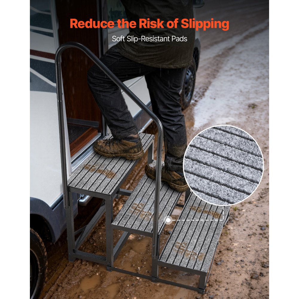 VEVOR RV Steps with Handrail, 3 Steps, 300 kg Load Capacity, Heavy Duty Outdoor RV Stairs with Non-Slip Mat for Elderly and Pets, Portable Stairs for Hot Tub, Camper, Mobile Home, Porch, Pool, SPA