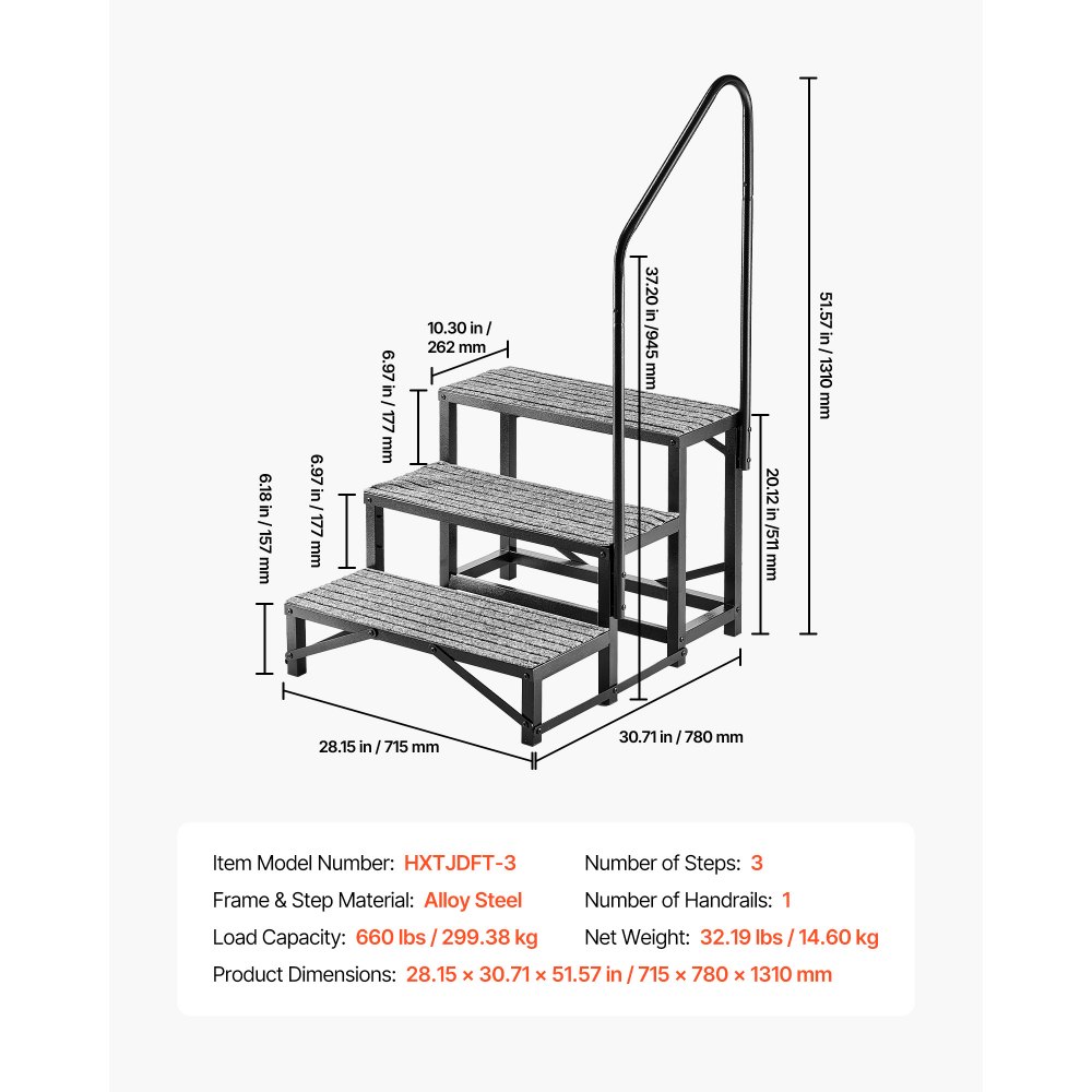 VEVOR RV Steps with Handrail, 3 Steps, 300 kg Load Capacity, Heavy Duty Outdoor RV Stairs with Non-Slip Mat for Elderly and Pets, Portable Stairs for Hot Tub, Camper, Mobile Home, Porch, Pool, SPA