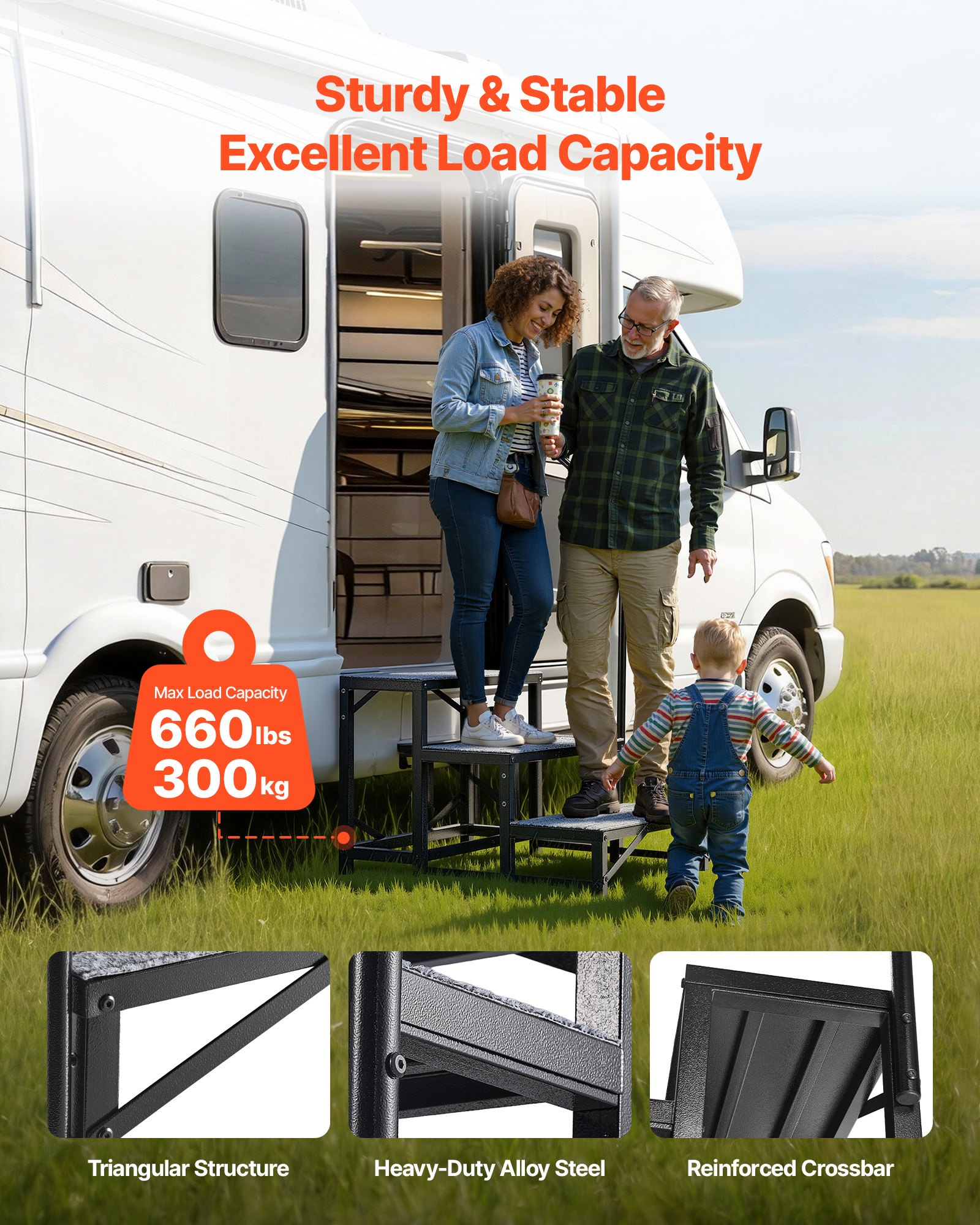 VEVOR RV Steps with Handrail, 3 Steps, 300 kg Load Capacity, Heavy Duty Outdoor RV Stairs with Non-Slip Mat for Elderly and Pets, Portable Stairs for Hot Tub, Camper, Mobile Home, Porch, Pool, SPA