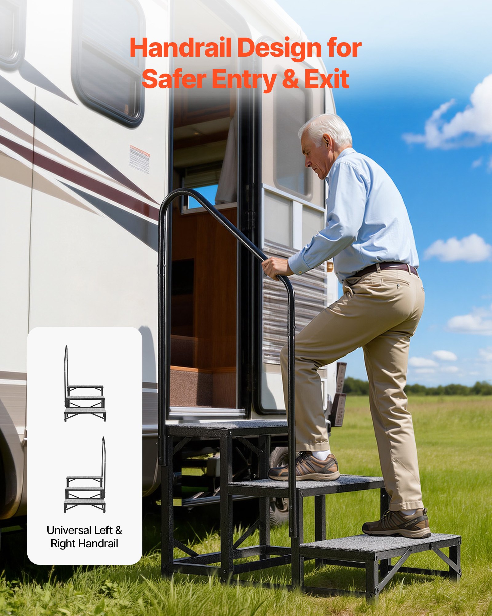 VEVOR RV Steps with Handrail, 3 Steps, 300 kg Load Capacity, Heavy Duty Outdoor RV Stairs with Non-Slip Mat for Elderly and Pets, Portable Stairs for Hot Tub, Camper, Mobile Home, Porch, Pool, SPA