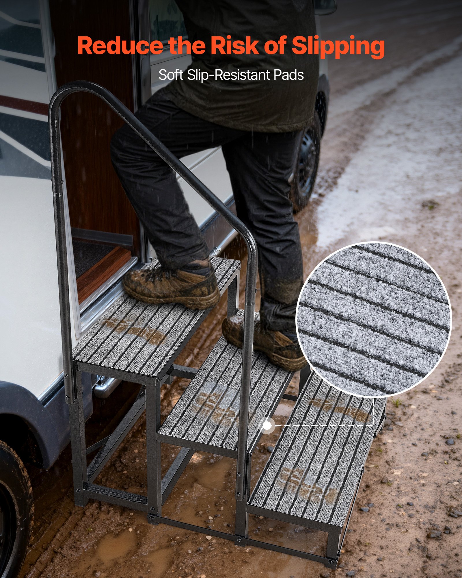 VEVOR RV Steps with Handrail, 3 Steps, 300 kg Load Capacity, Heavy Duty Outdoor RV Stairs with Non-Slip Mat for Elderly and Pets, Portable Stairs for Hot Tub, Camper, Mobile Home, Porch, Pool, SPA