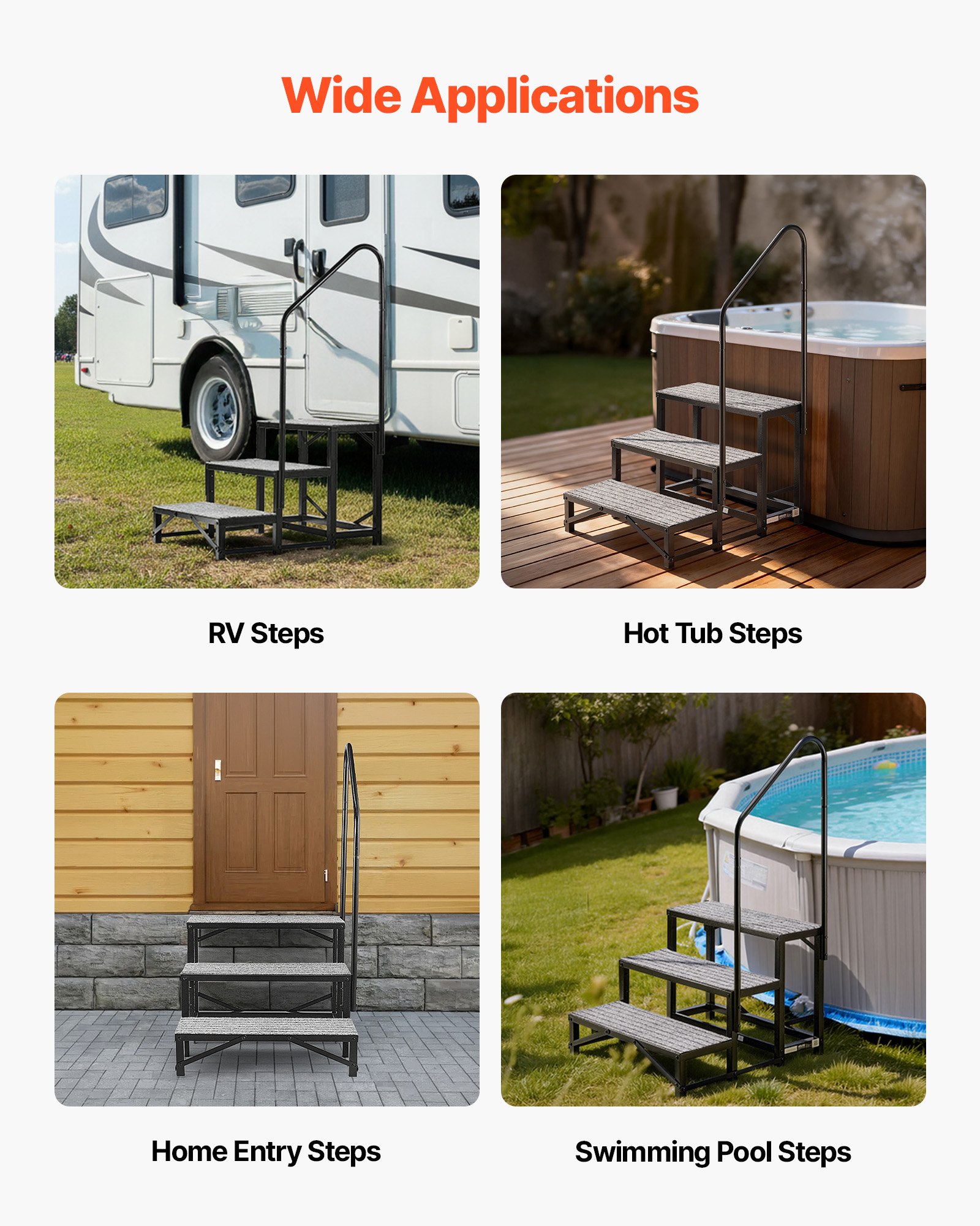 VEVOR RV Steps with Handrail, 3 Steps, 300 kg Load Capacity, Heavy Duty Outdoor RV Stairs with Non-Slip Mat for Elderly and Pets, Portable Stairs for Hot Tub, Camper, Mobile Home, Porch, Pool, SPA