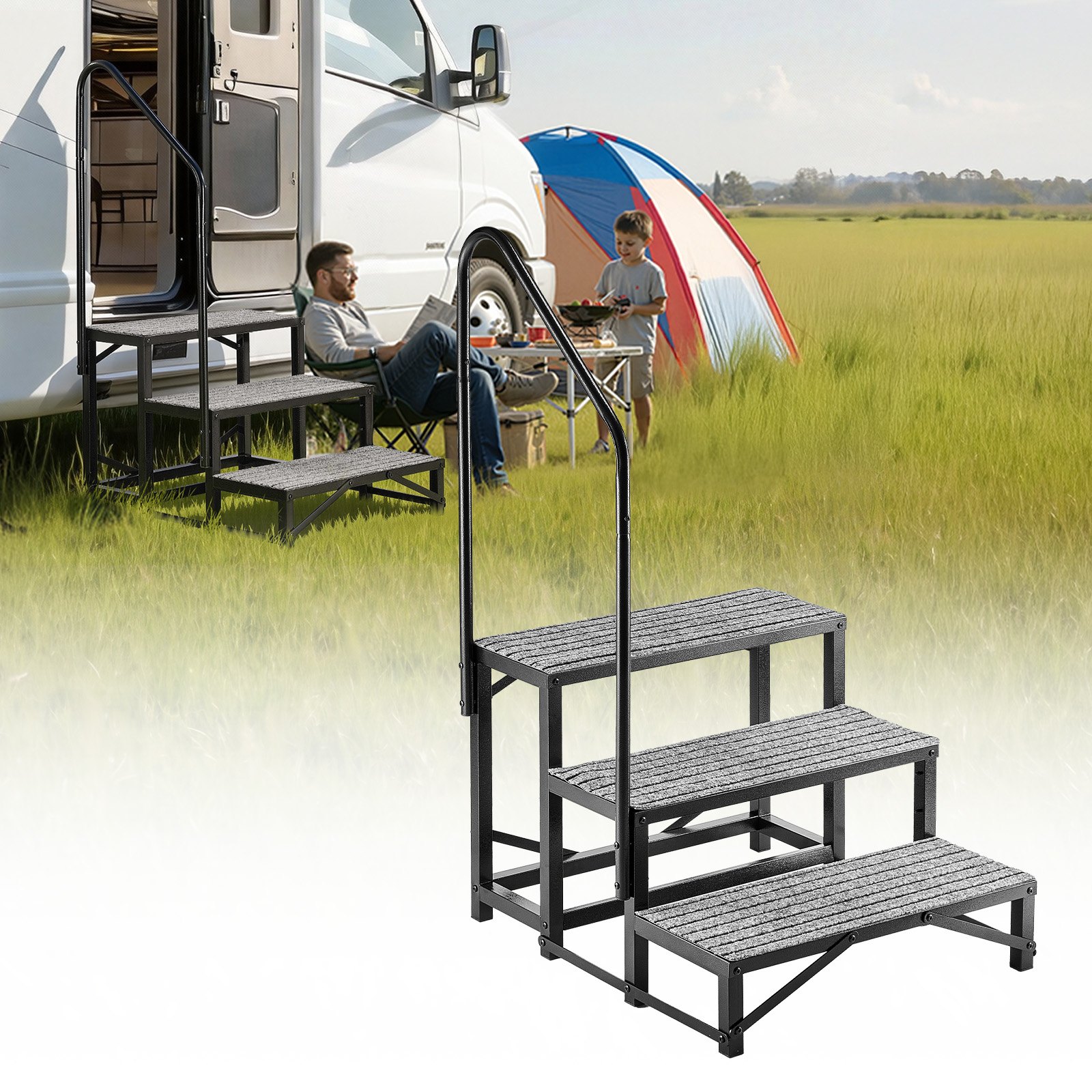 VEVOR RV Steps with Handrail, 3 Steps, 300 kg Load Capacity, Heavy Duty Outdoor RV Stairs with Non-Slip Mat for Elderly and Pets, Portable Stairs for Hot Tub, Camper, Mobile Home, Porch, Pool, SPA