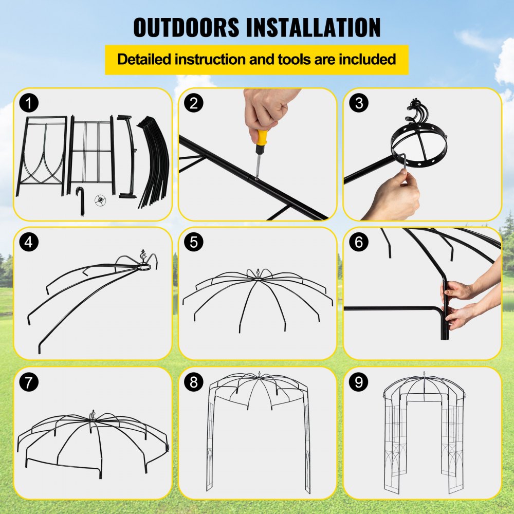 VEVOR Birdcage Shape Garden Arbor, 9\' High x 6.6\' Wide, Heavy Duty Wrought Iron Arbor, Wedding Arch Trellis for Climbing Vines in Outdoor Garden, Lawn, Backyard, Patio, Black